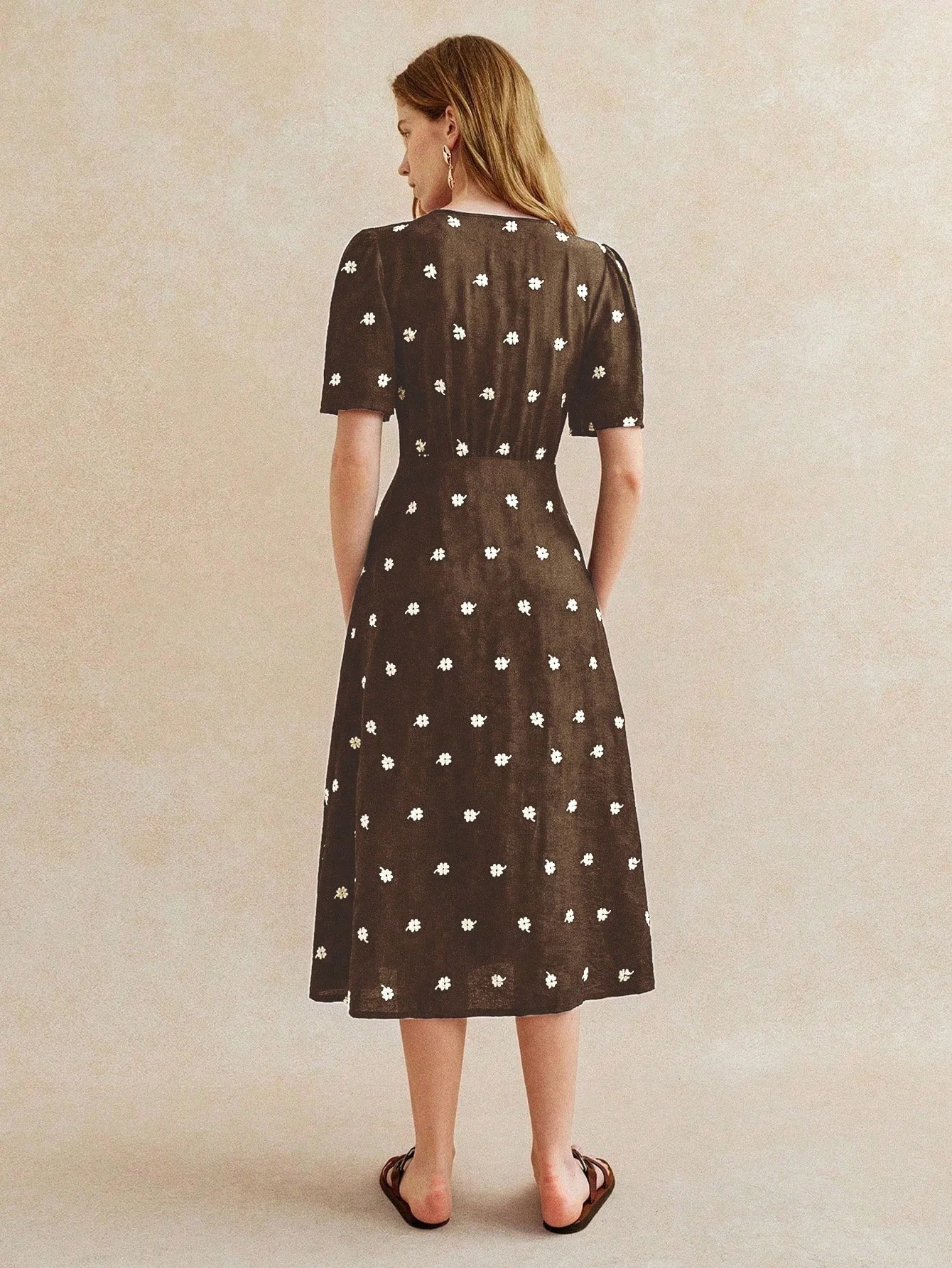 Brown V Neck Polka Dotted Dress - Image 2