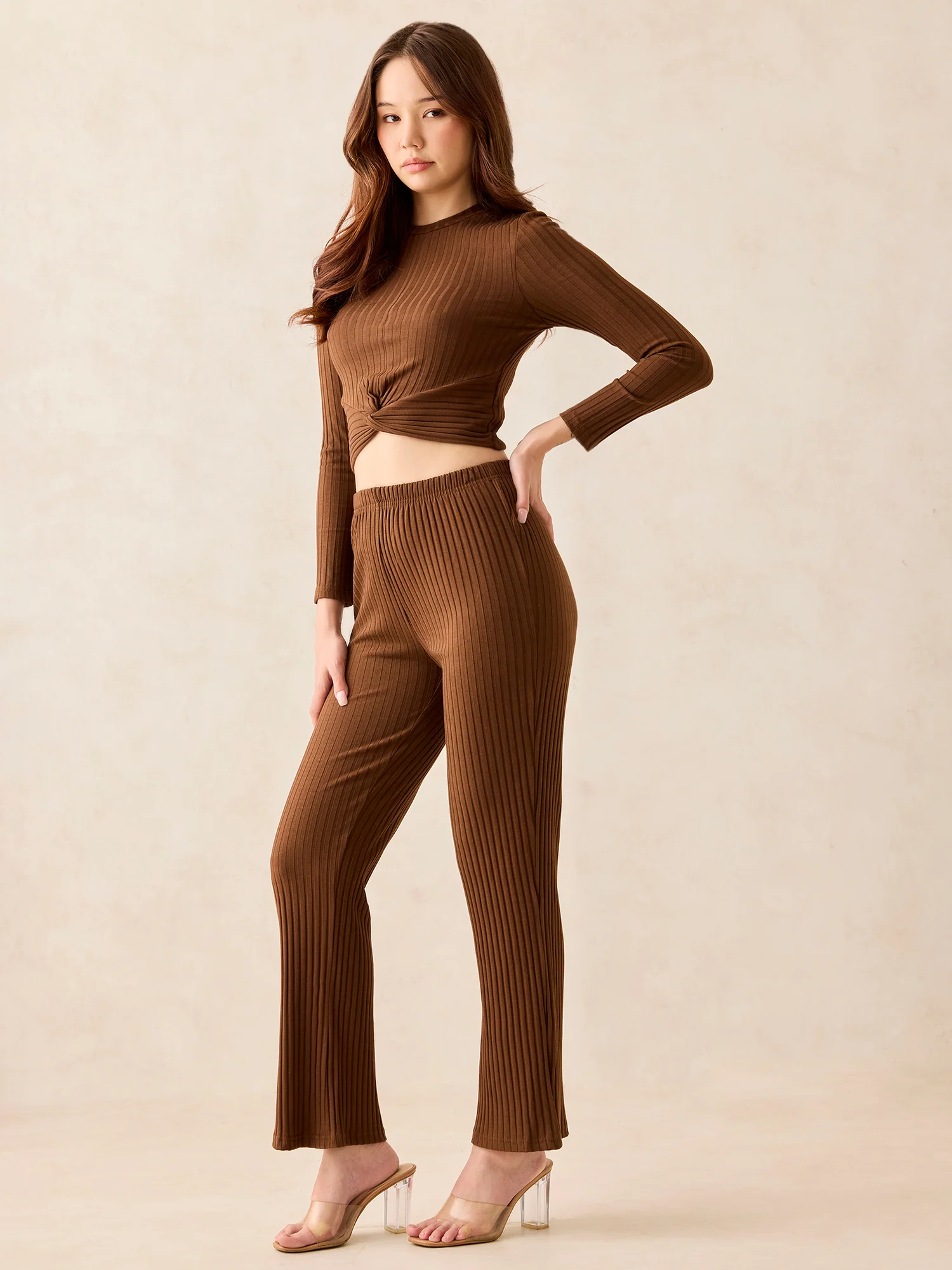 Brown Varigated Rib Front Knot Coord Set - Image 3