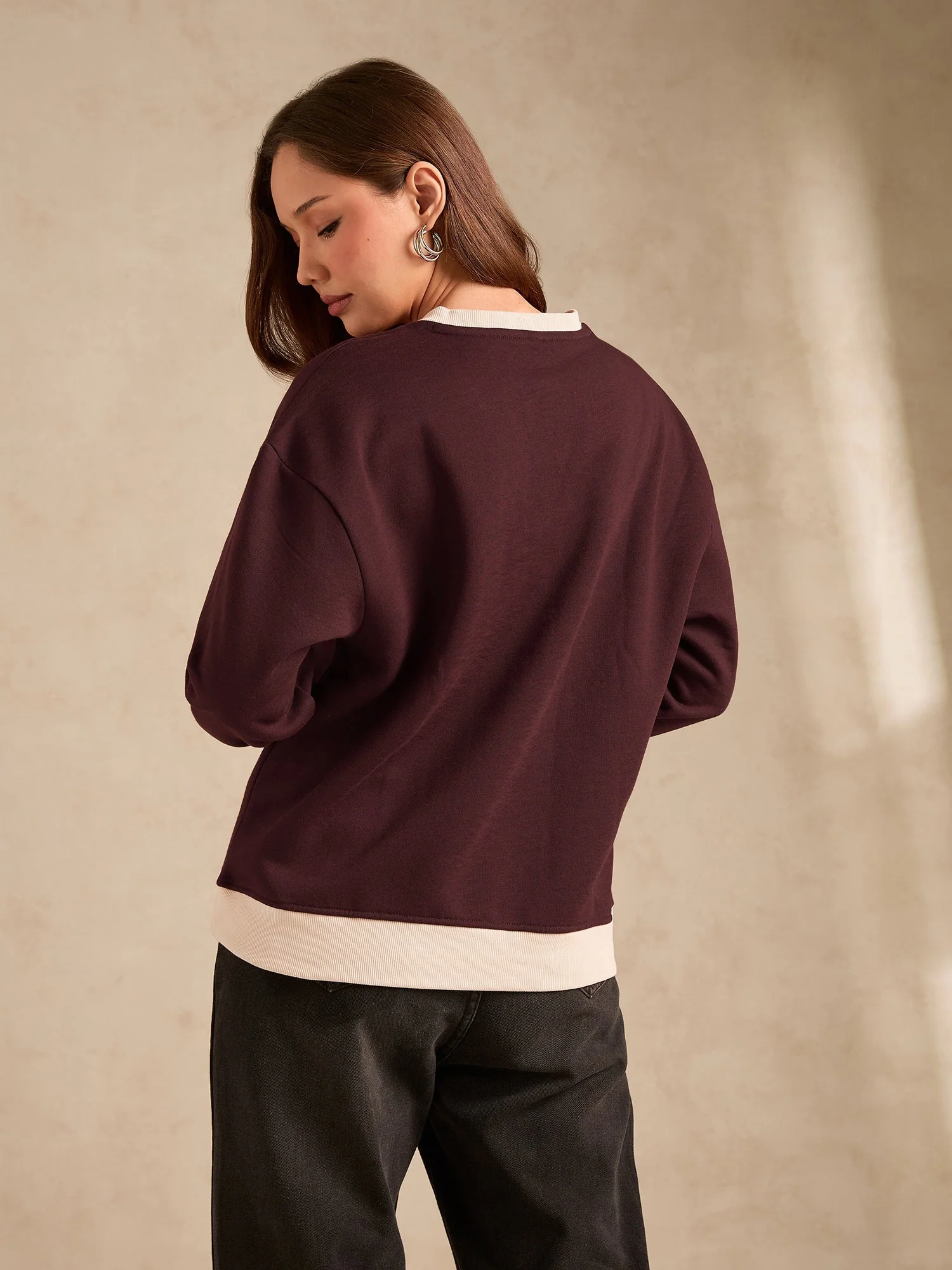 Brown Contrast Neck Graphic Russian Fleece Pullover - Image 5