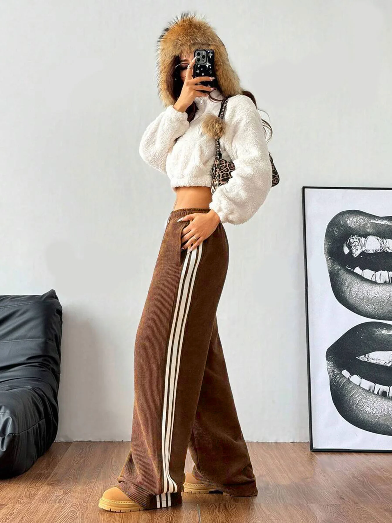 Brown Varsity Side Stripe Sweatpants - Image 2