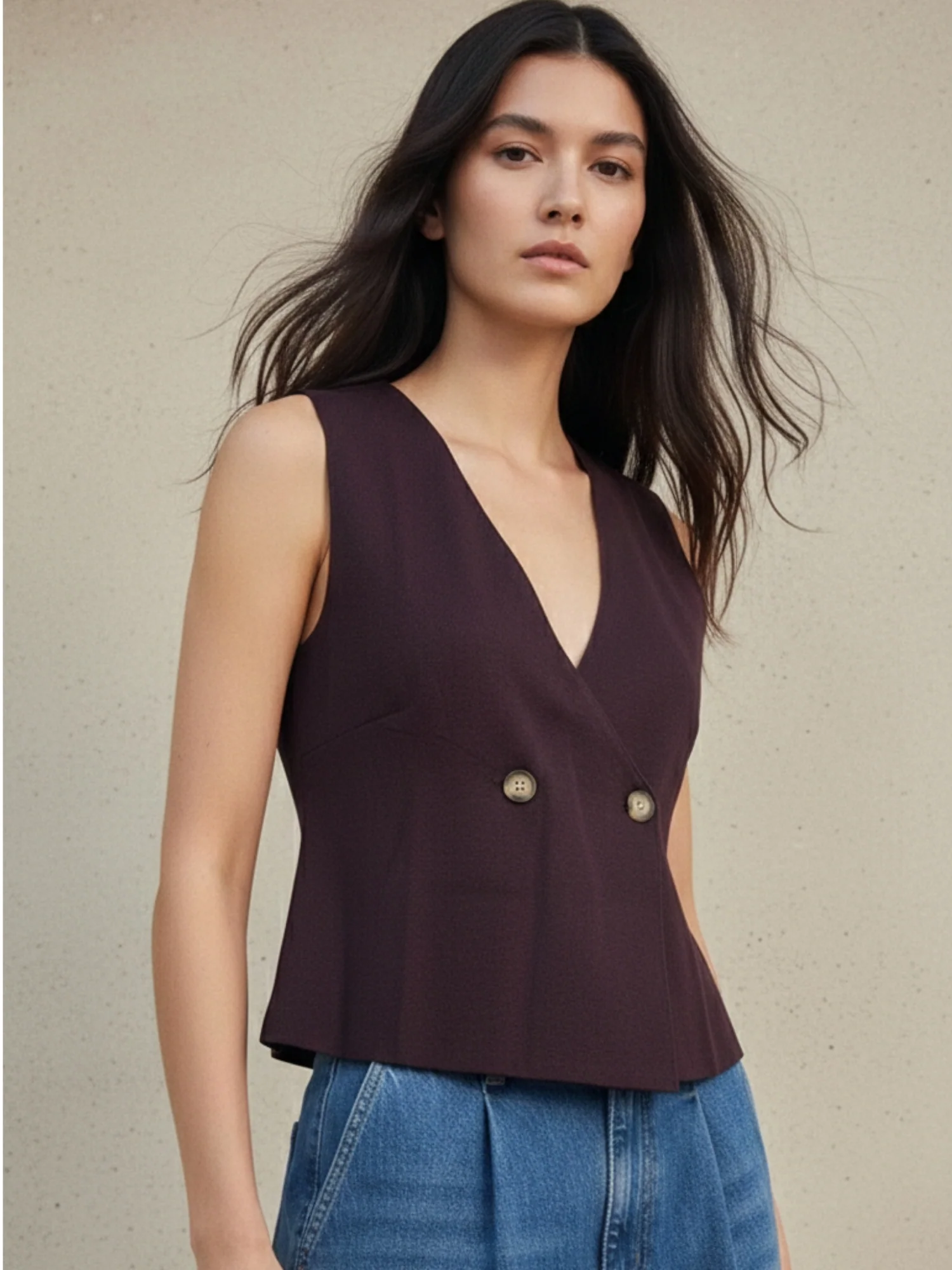 Brown Wrap Buttoned Up Vest Top
