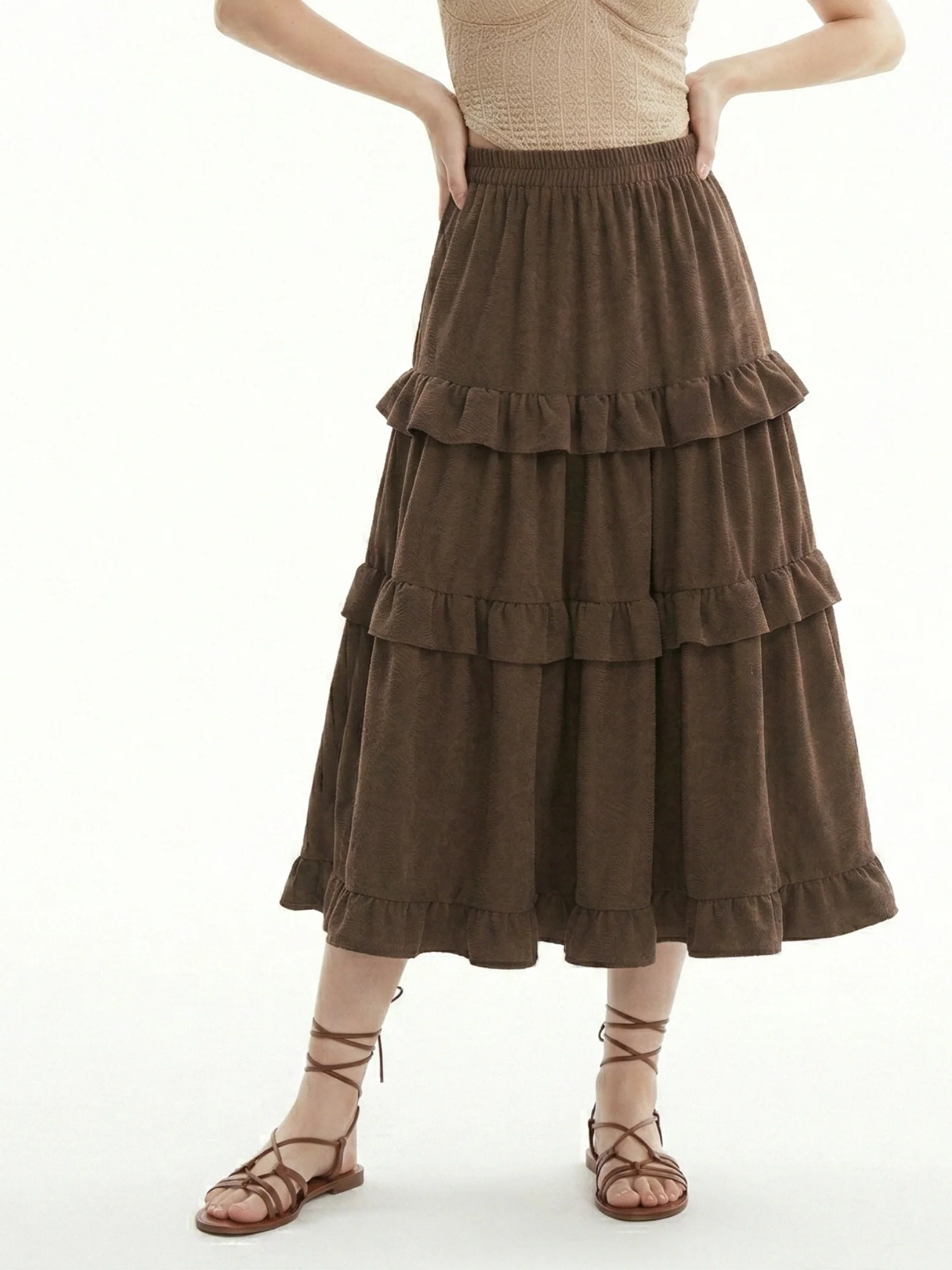 Brown Tiered Ruffle Detail Flared Skirt - Image 2