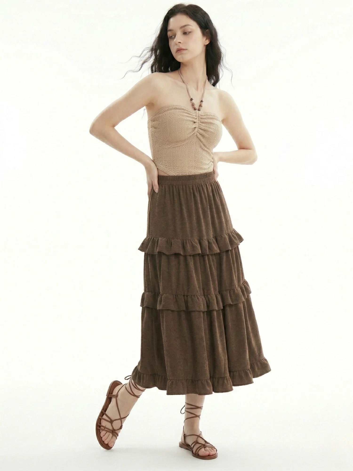 Brown Tiered Ruffle Detail Flared Skirt - Image 3