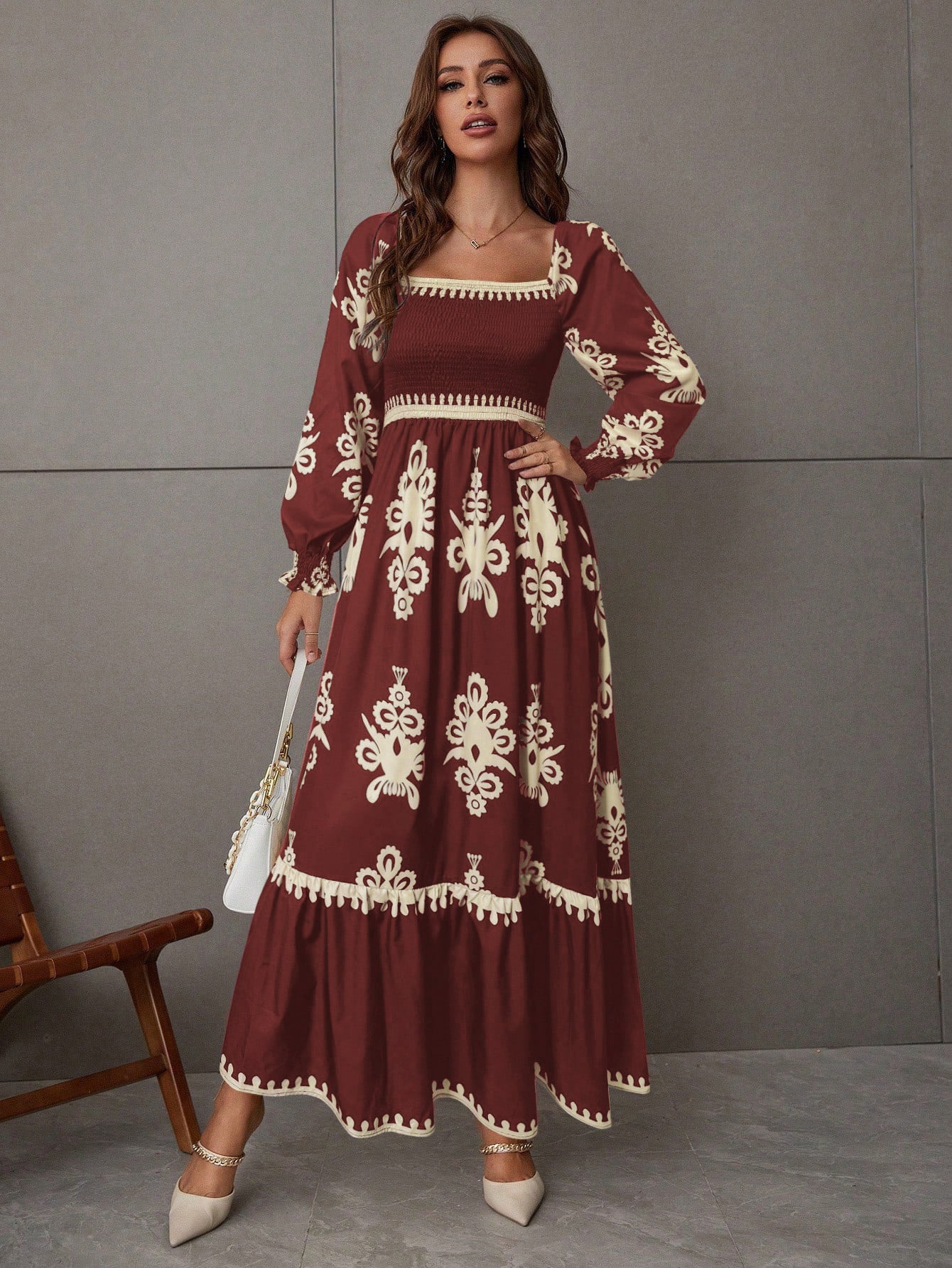 Burgundy Bishop Sleeve Square Neck Printed Dress - Image 3