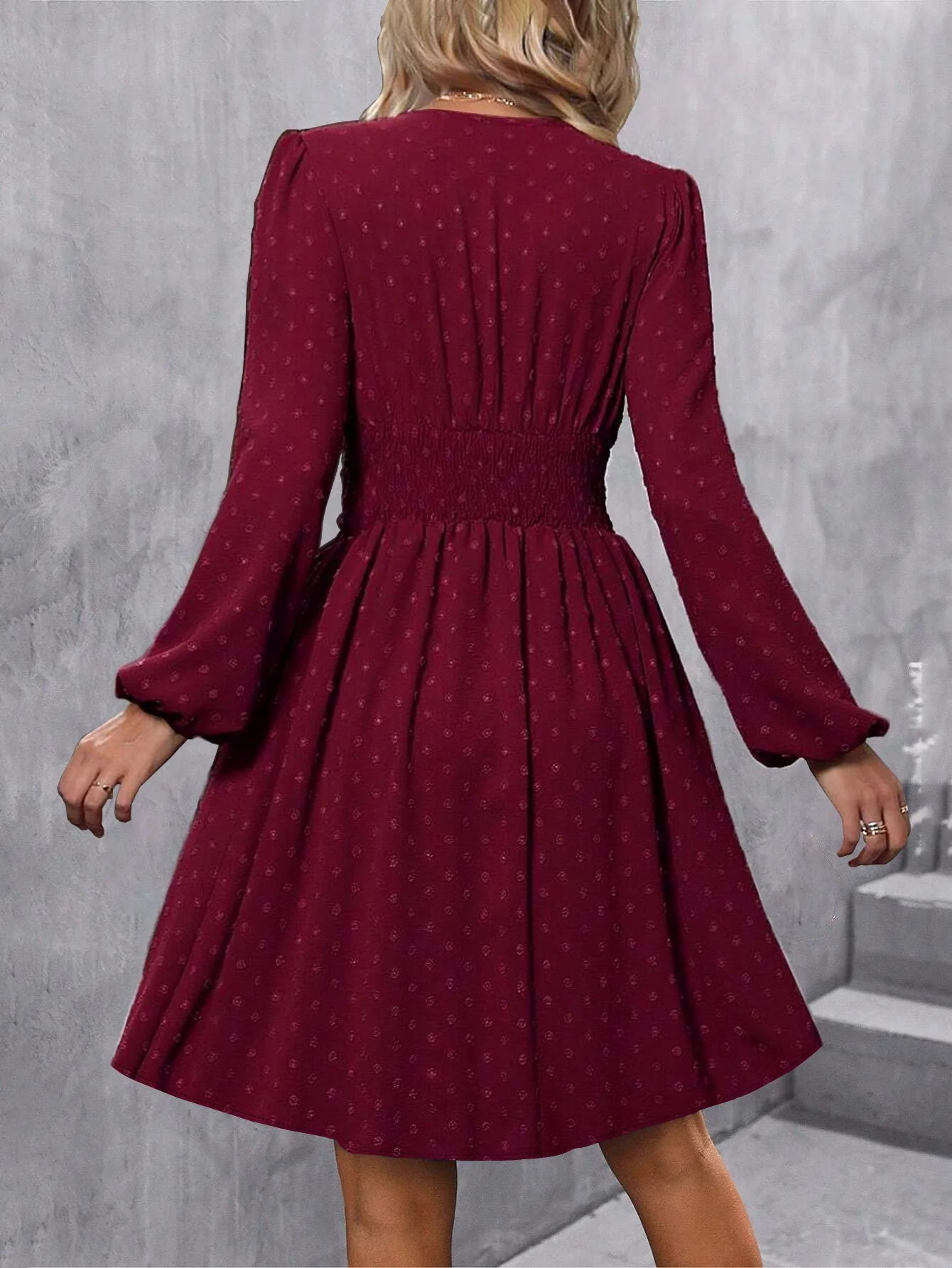 Burgundy Bishop Sleeve V Neck Flared Dress - Image 2