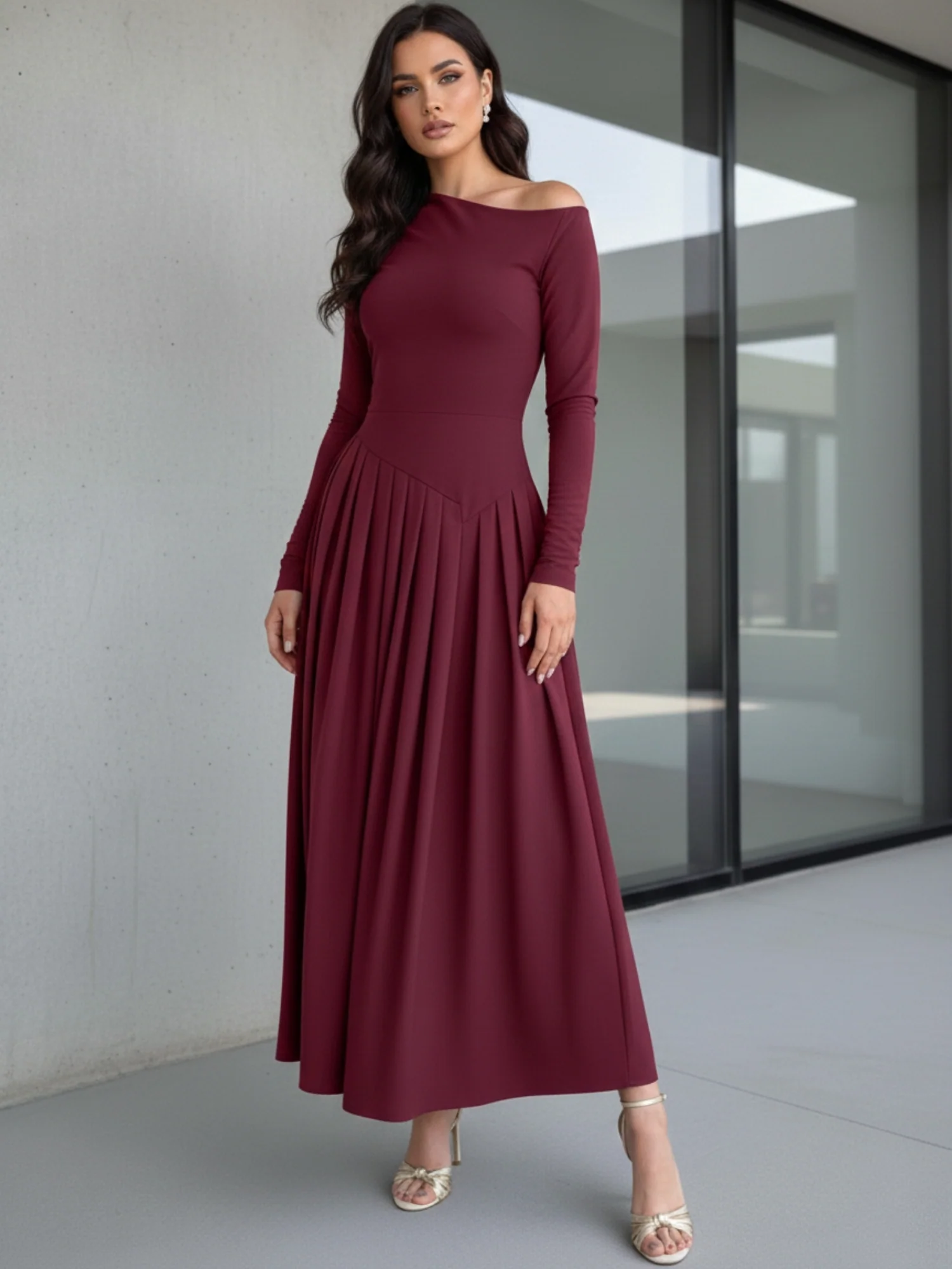 Burgundy Full Sleeve One Shoulder Dress - Image 2