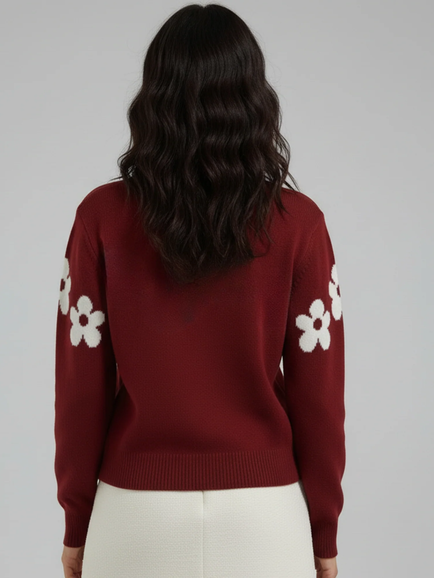 Burgundy Full Sleeve Round Neck Printed Sweater - Image 2