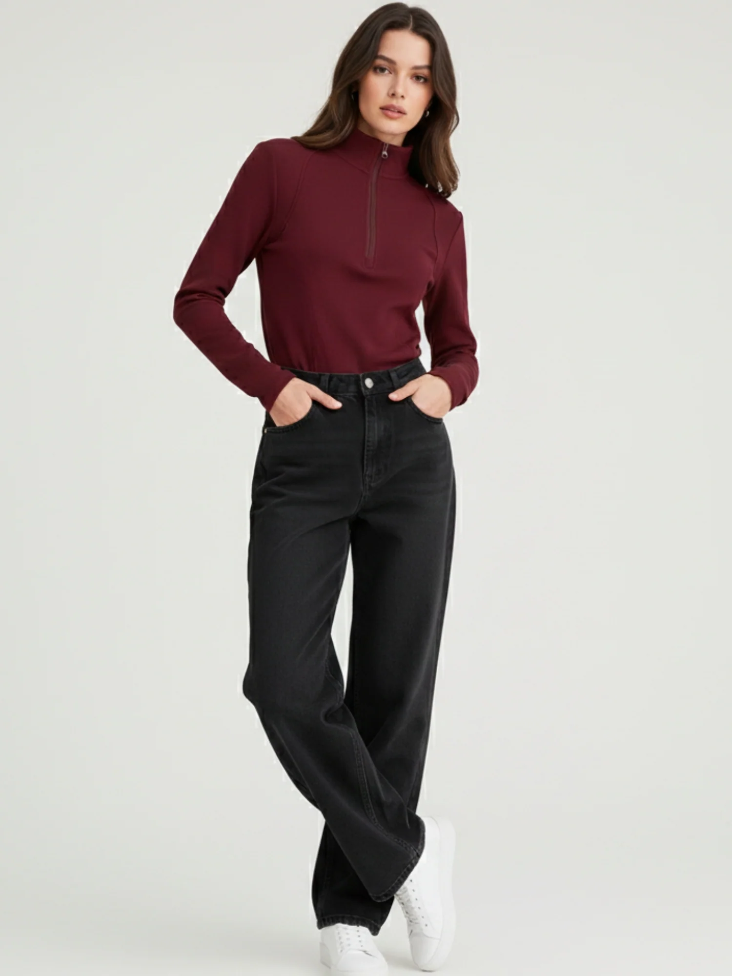 Burgundy Full Sleeves Half Zip Sweatshirt - Image 2