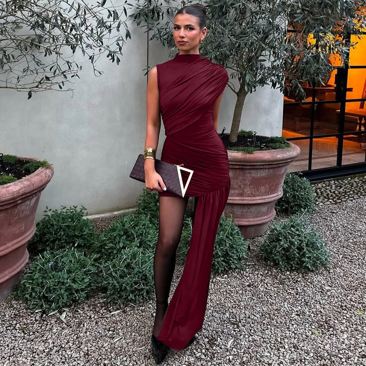 Burgundy High Neck Bodycon Mini Dress - Image 3