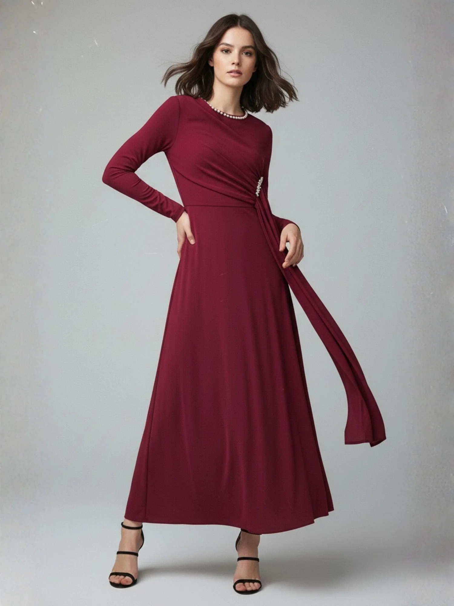 Burgundy High Neck Flared Dress With Embellishments - Image 2