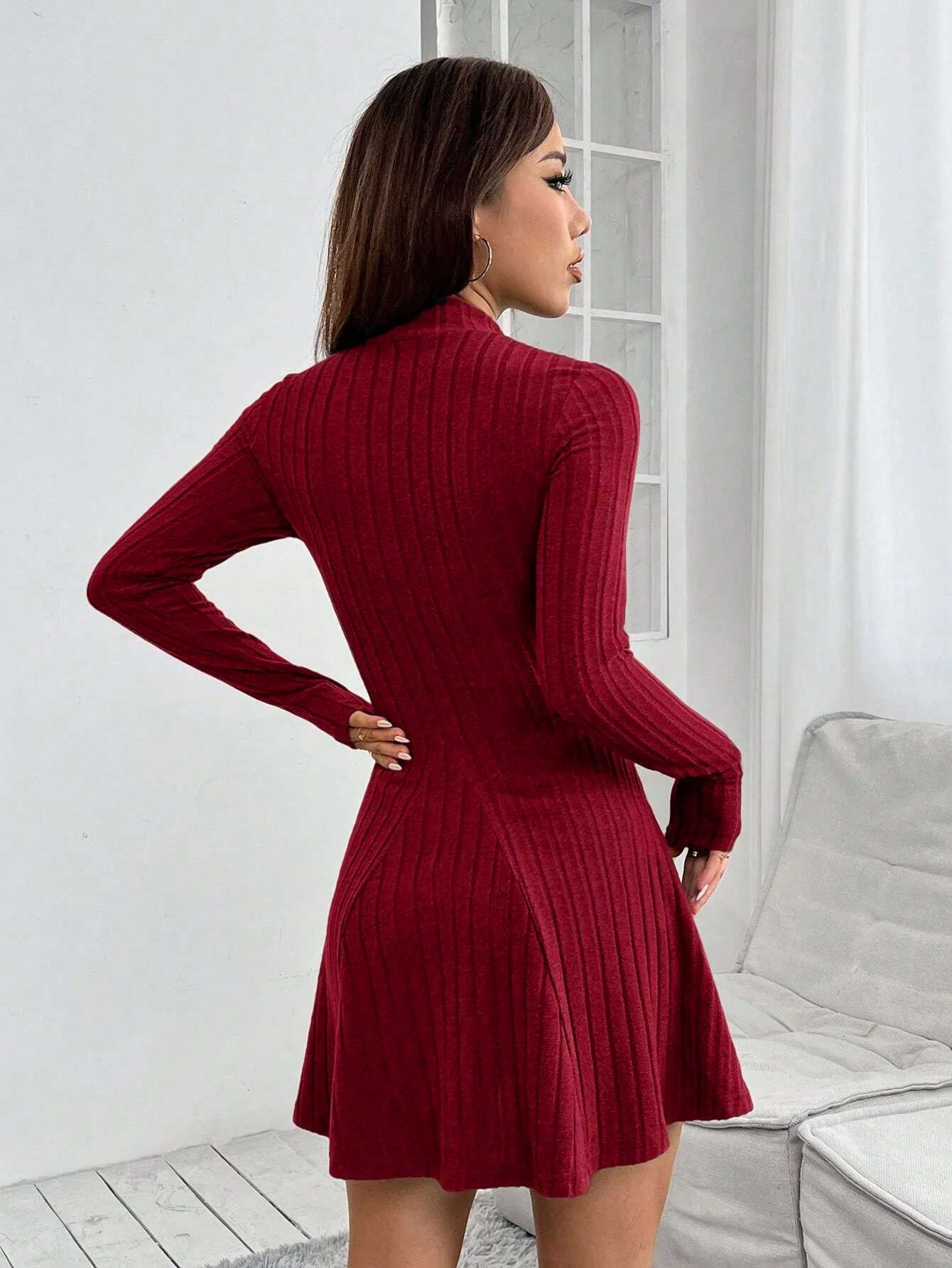 Burgundy High Neck Wide Spaced Rib Dress - Image 3