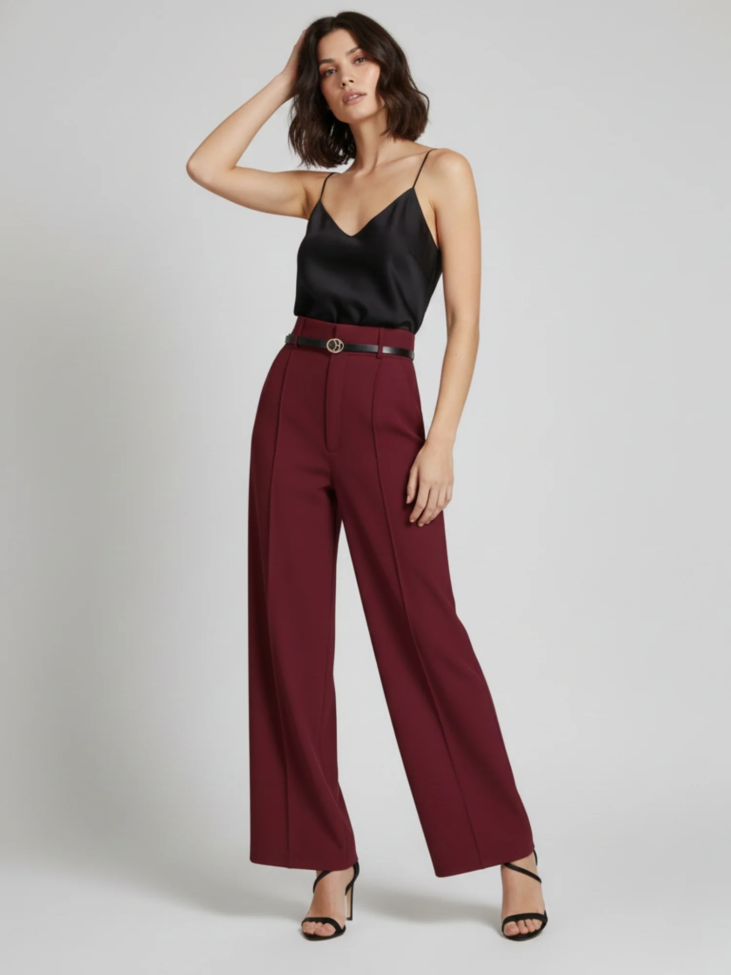 Burgundy High Waist Front Pleated Pant - Image 2