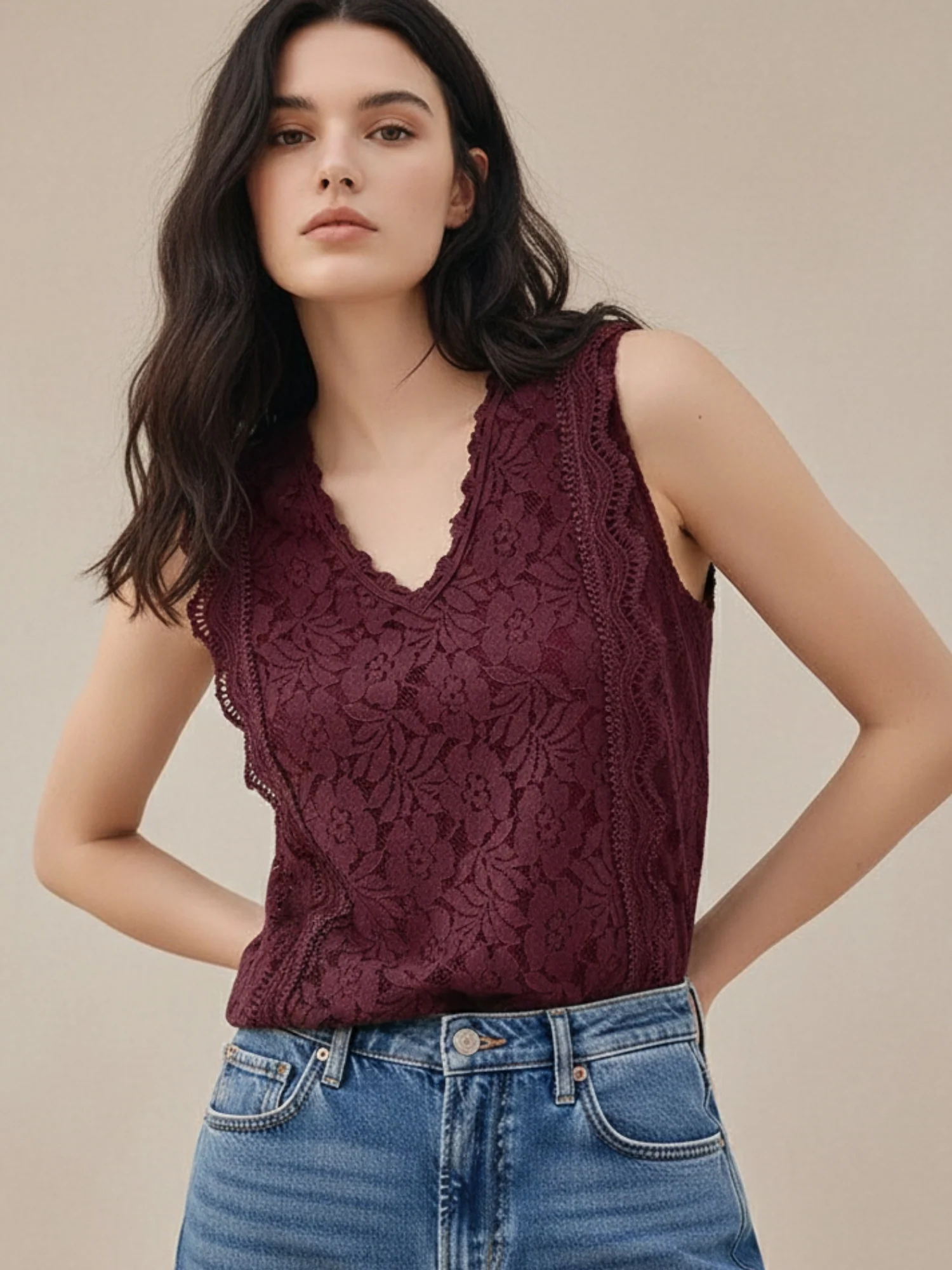 Burgundy Lace Textured Top - Image 2