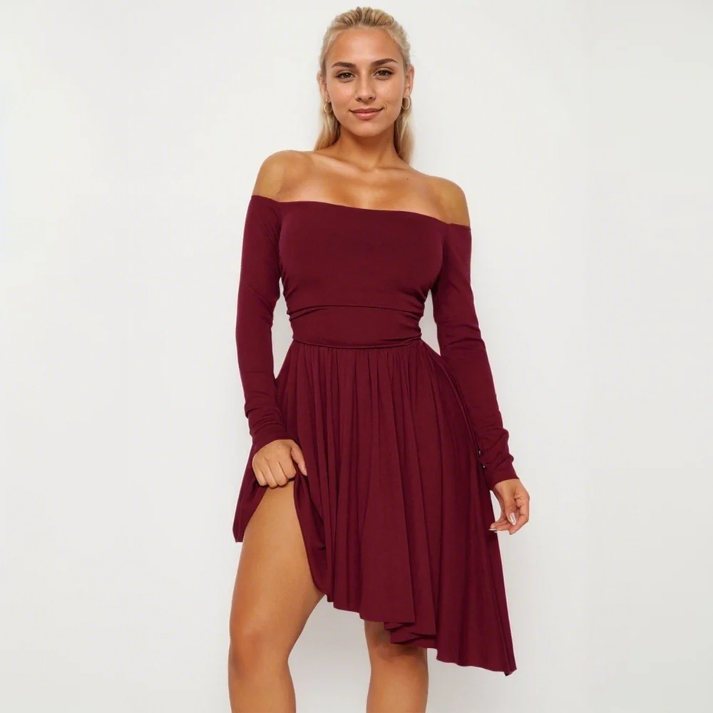 Burgundy Off-Shoulder Skater Pleated Dress - Image 4