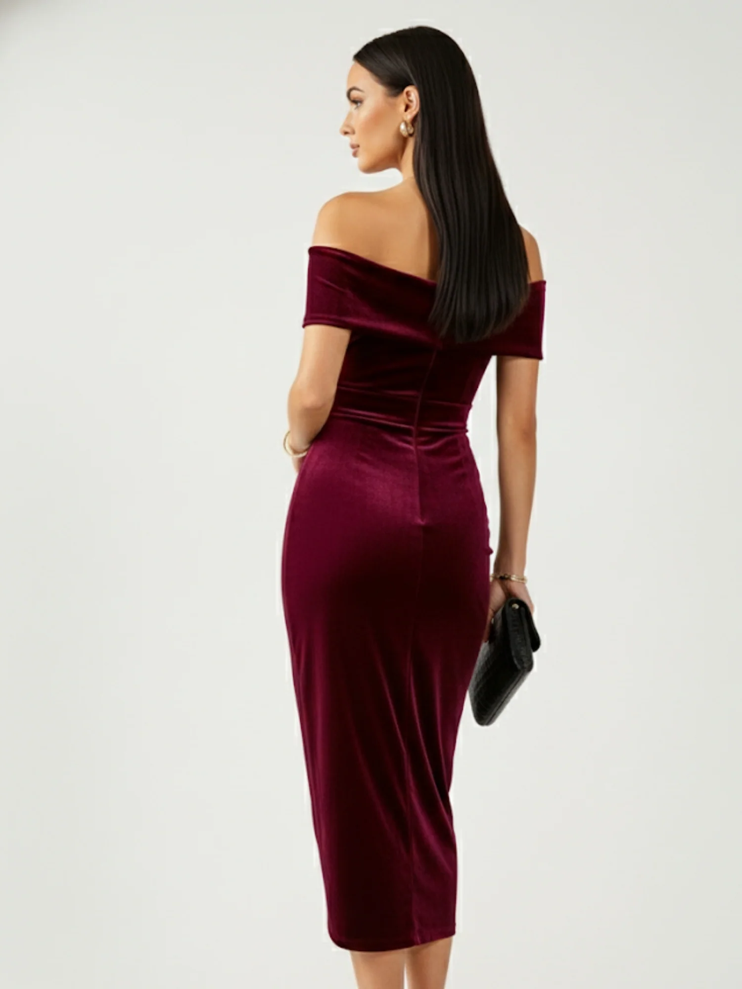 Burgundy Off-Shoulder Wrap Hem Velour Dress - Image 3