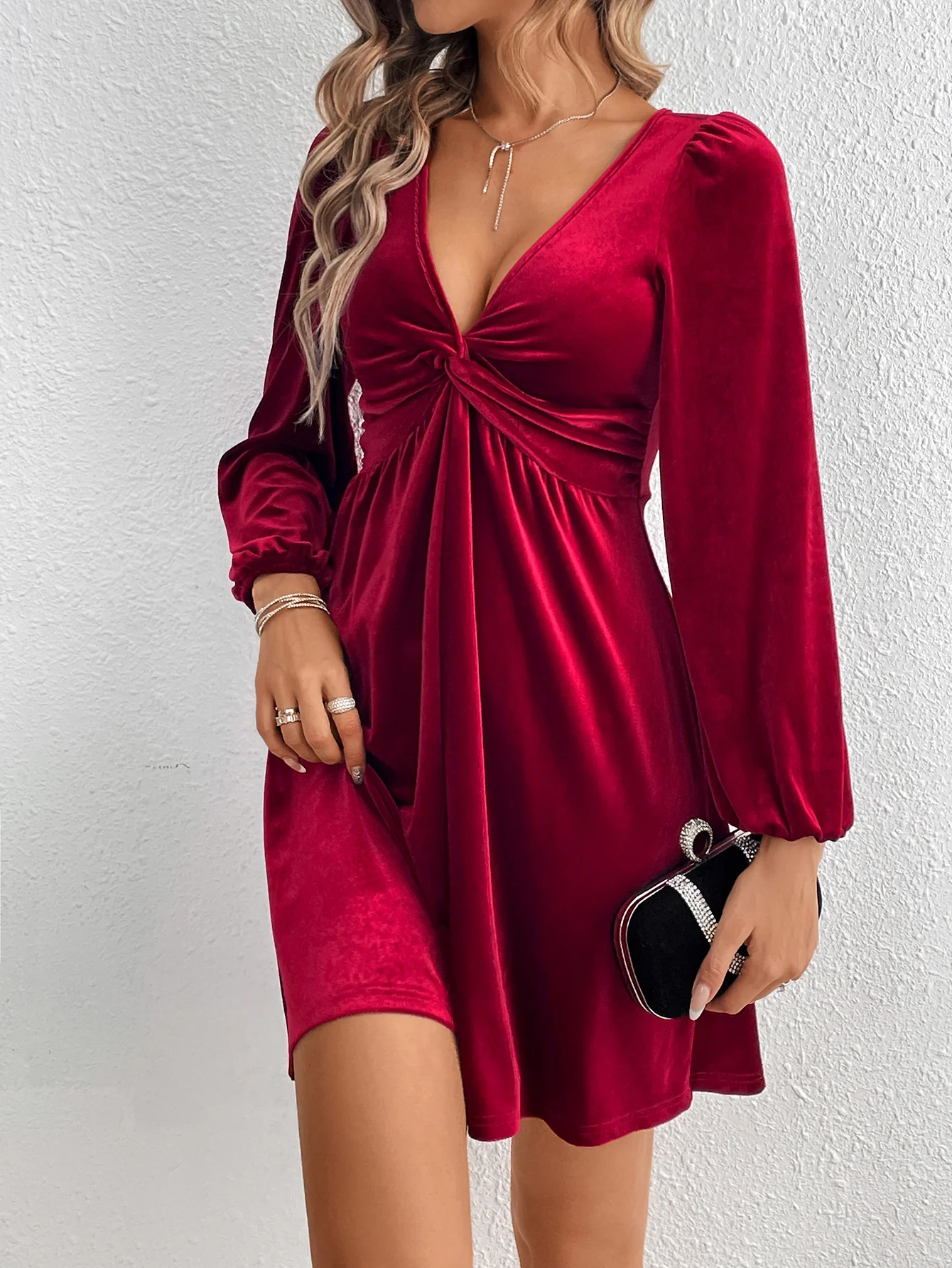 Burgundy Plunge Neck Twisted Mini Dress - Image 6