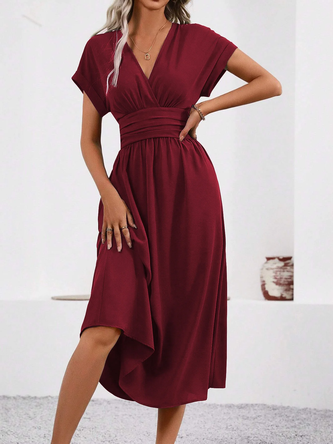 Burgundy Short Sleeve V Neck Dress