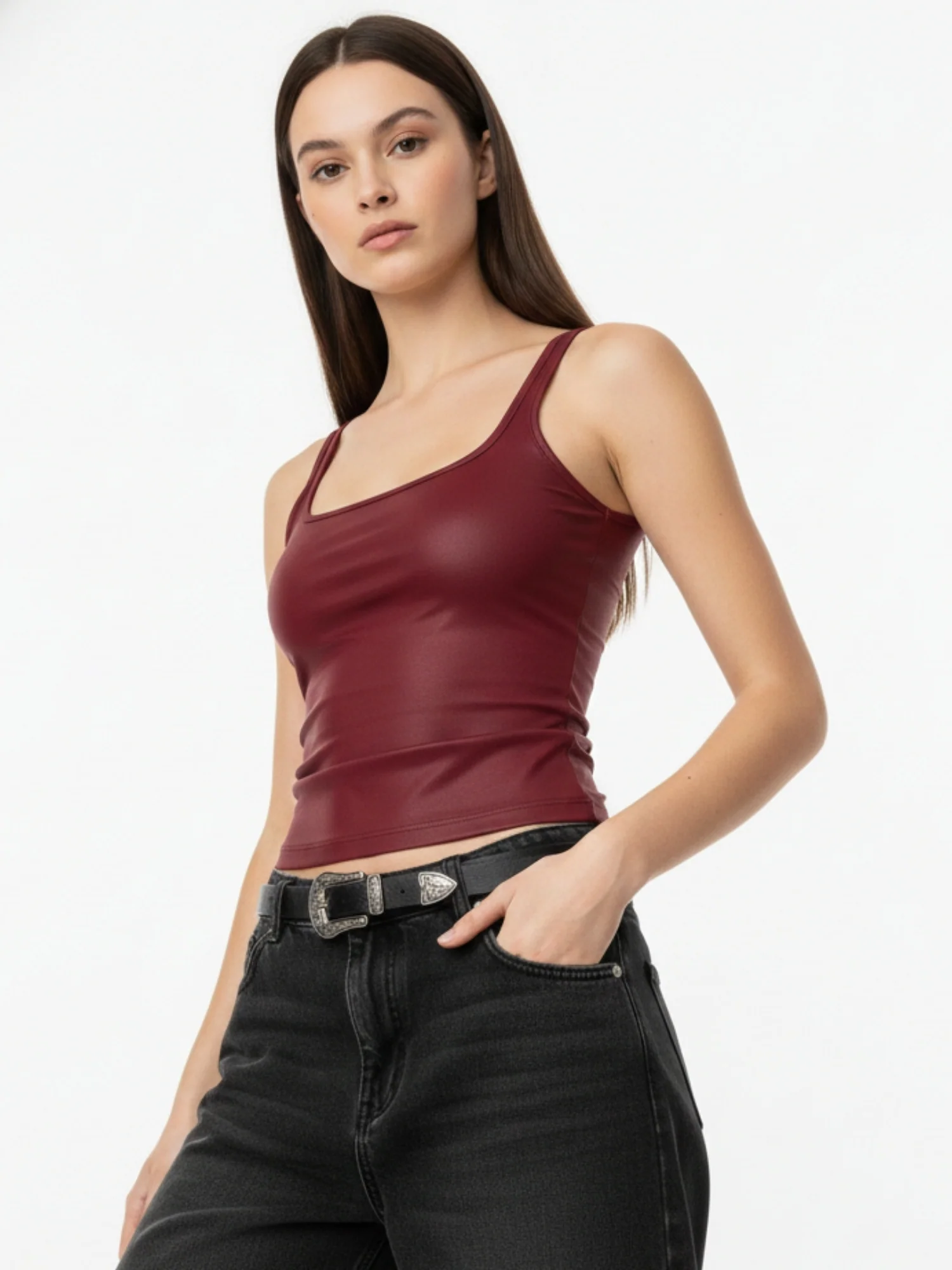 Burgundy Shoulder Strap Square Neck Tank - Image 2