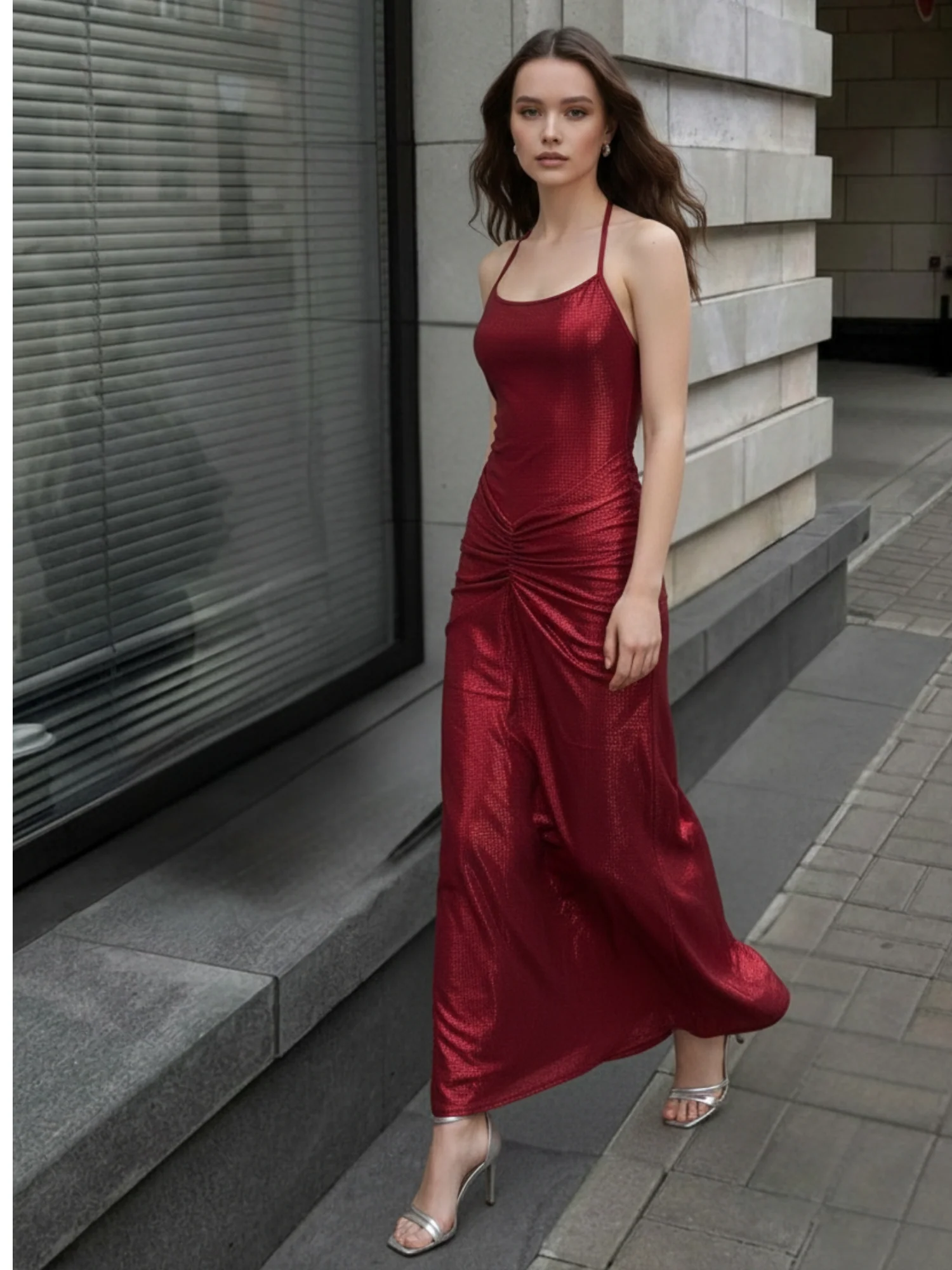 Burgundy Strappy Shimmer Evening Dress - Image 2