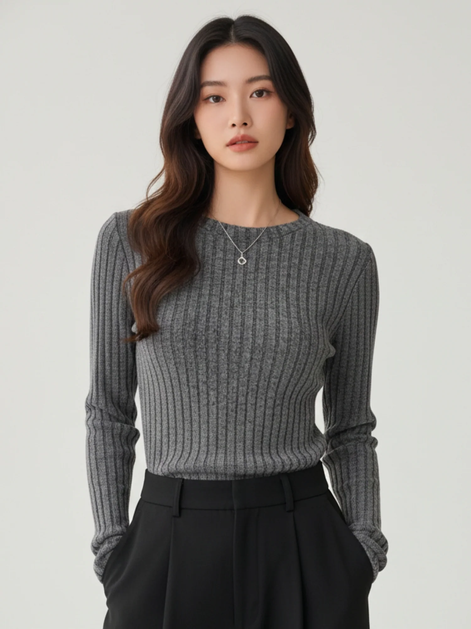Charcoal Full Sleeve Crew Neck Fitted Top