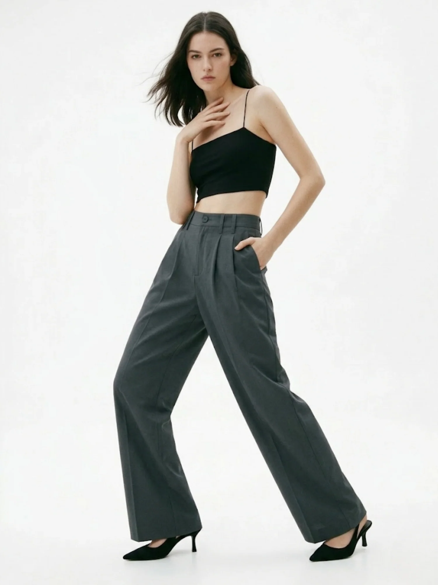 Charcoal High Waist Wide Leg Trousers - Image 3