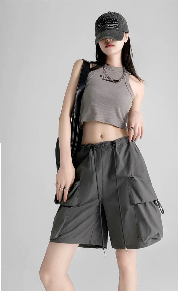 Charcoal Relaxed Fit Drawstring Cargo Shorts