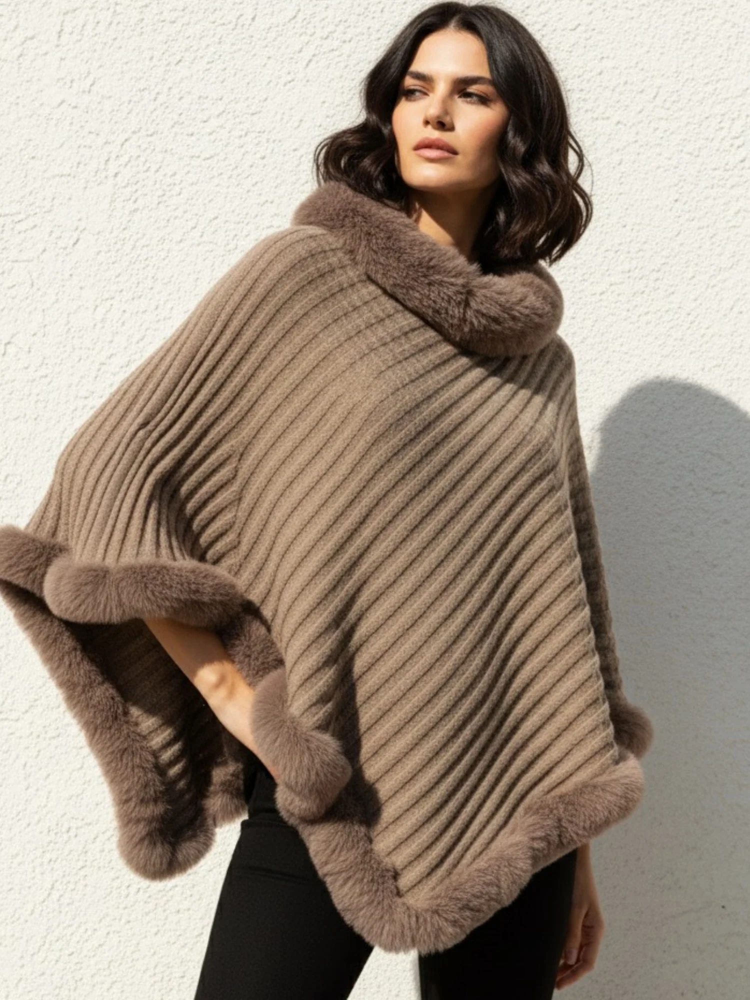 Coffee Furry Asymmetrical Hem Sweaters - Image 2