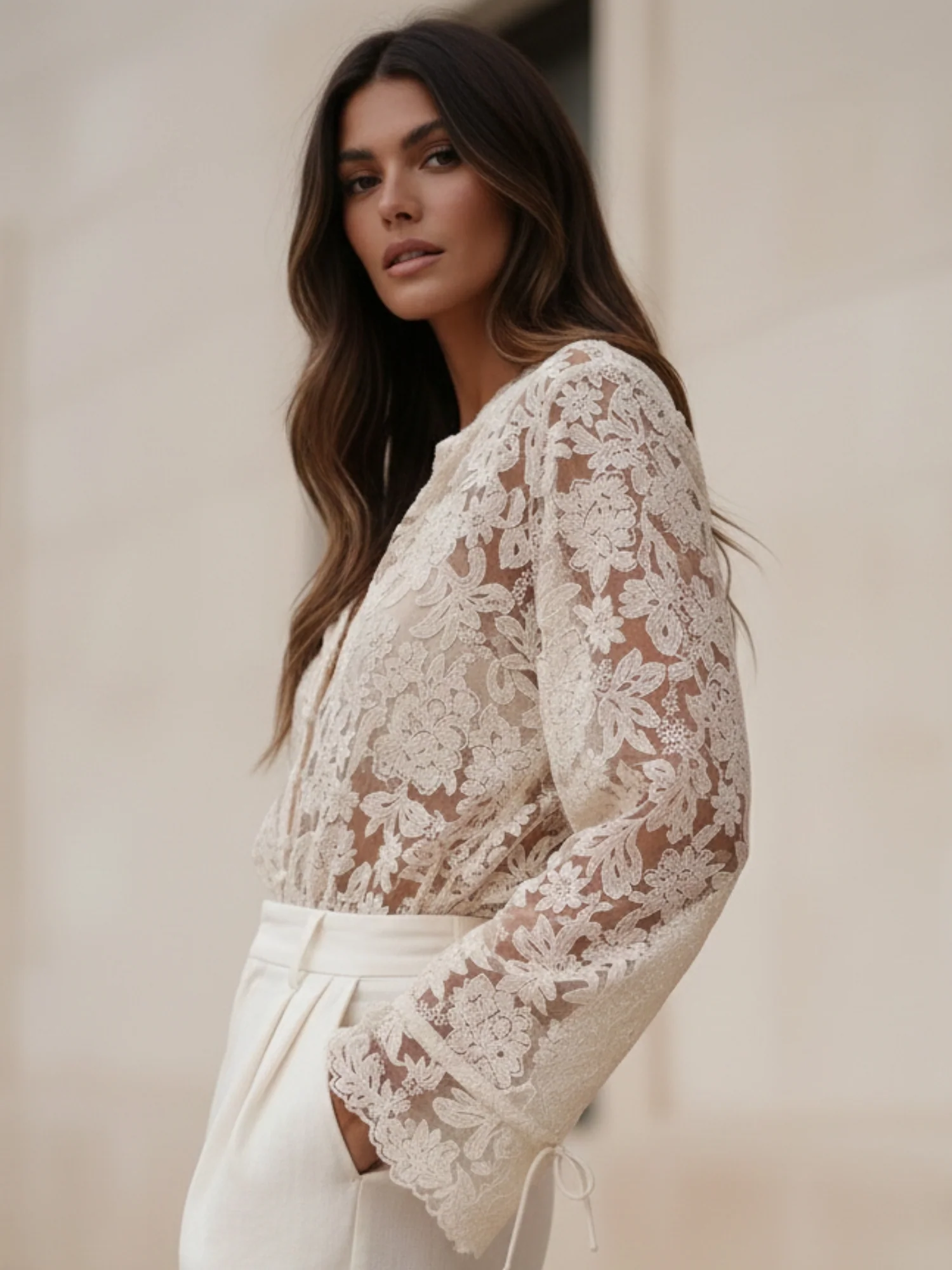 Cream Bell Sleeve Textured V Neck Mesh Top - Image 2