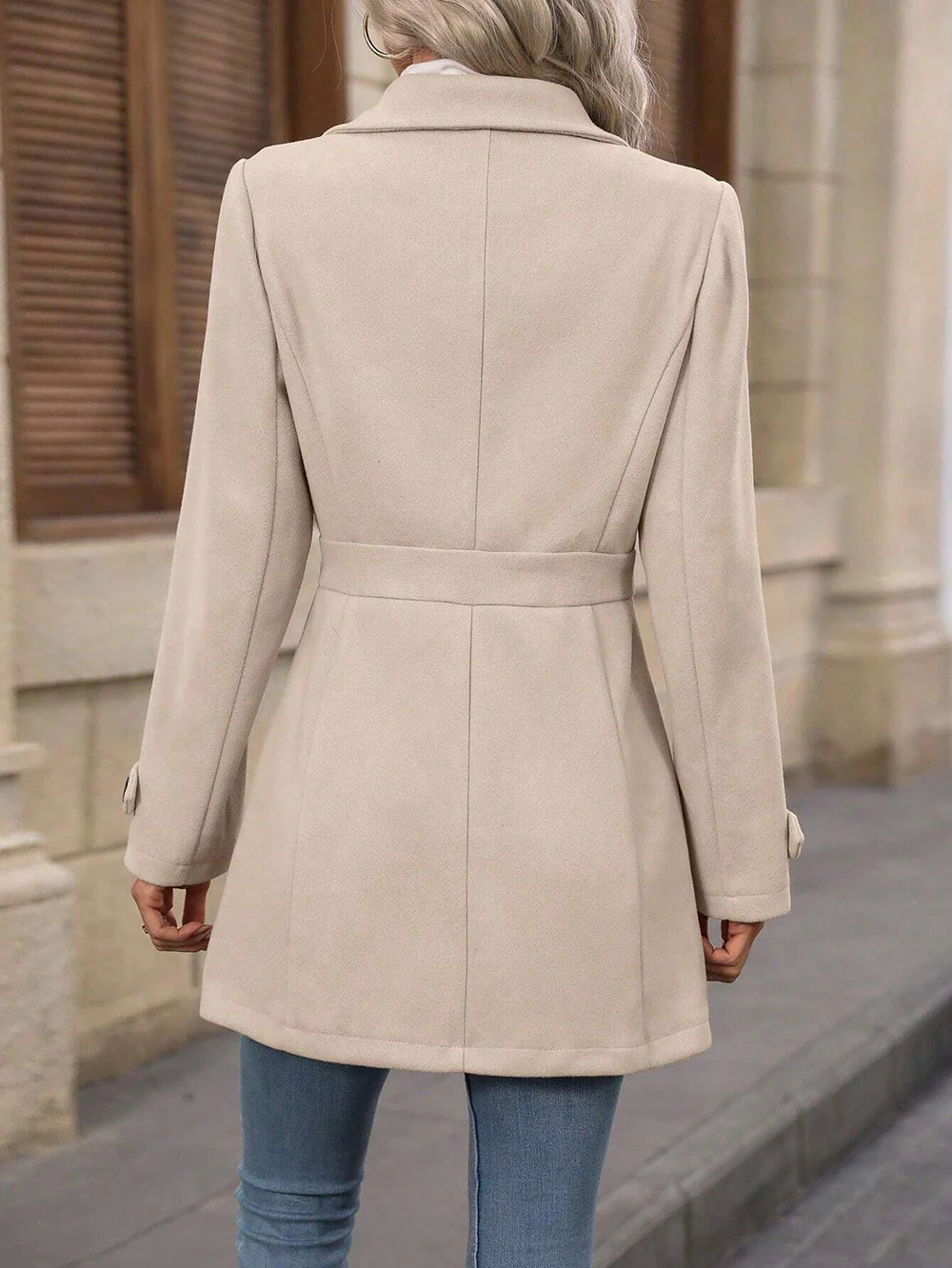 Cream Big Collar Full Sleeve Long Belted Buttoned Coat - Image 3
