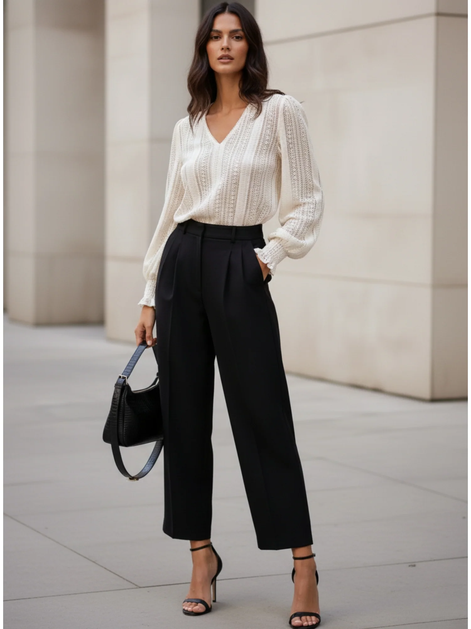 Cream Bishop Sleeve V Neck Textured Top - Image 3