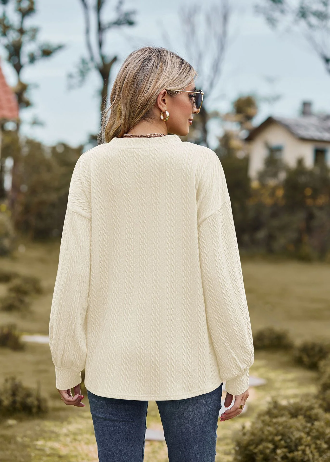 Cream Bishop Sleeve V Neck Sweatshirt - Image 2