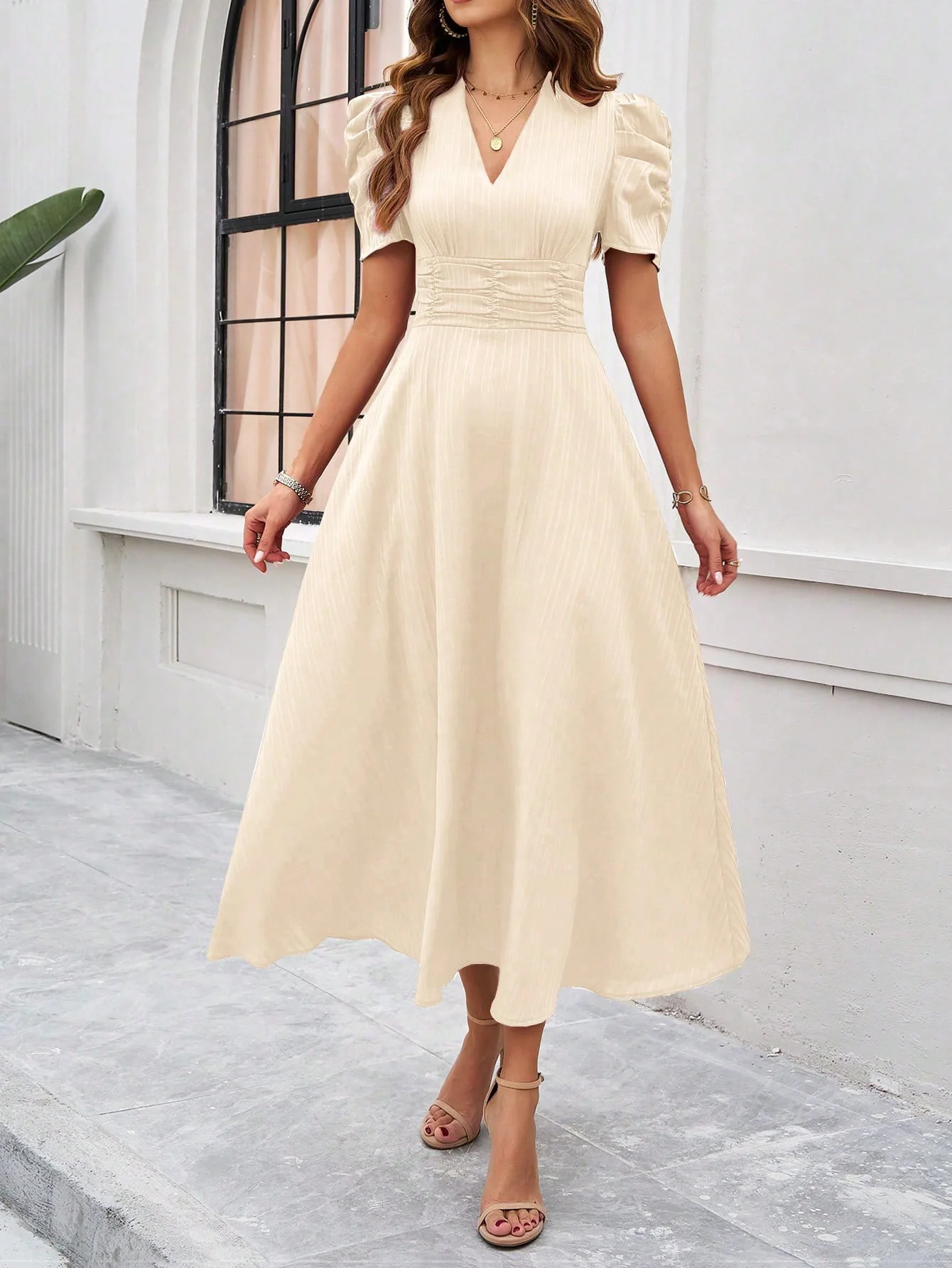 Cream Fit And Flare Midi Dress - Image 3