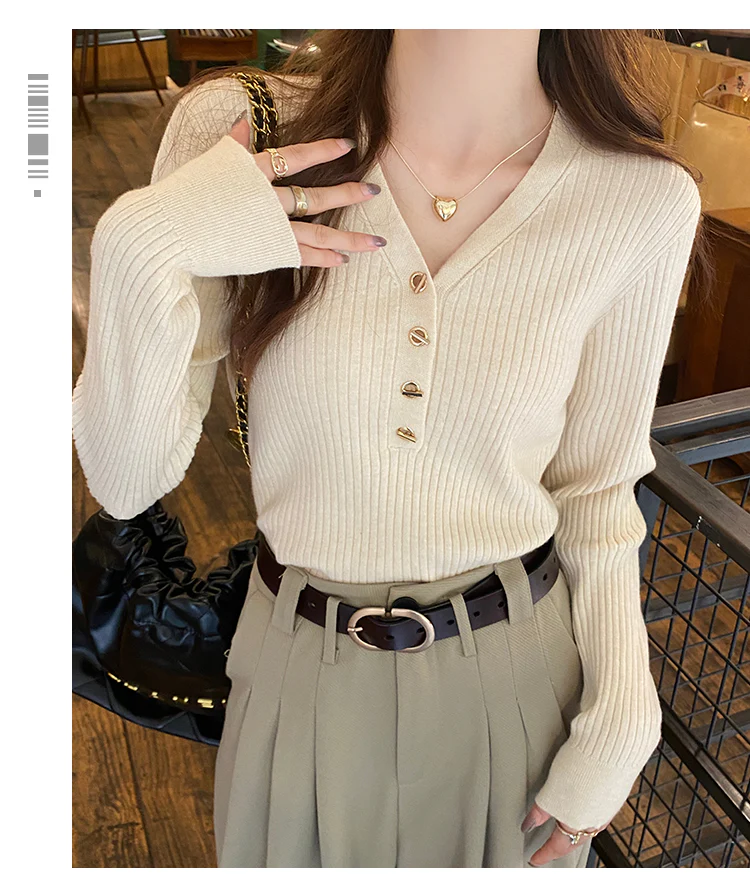 Cream Full Sleeve V Neck Buttoned Fitted Top - Image 2
