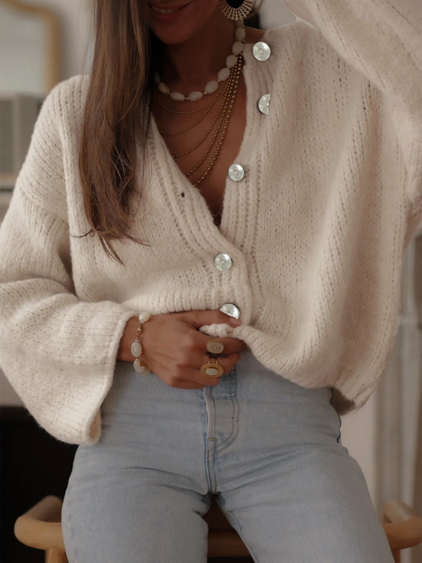Cream Full Sleeves Button Down Slouchy Cardigans - Image 5