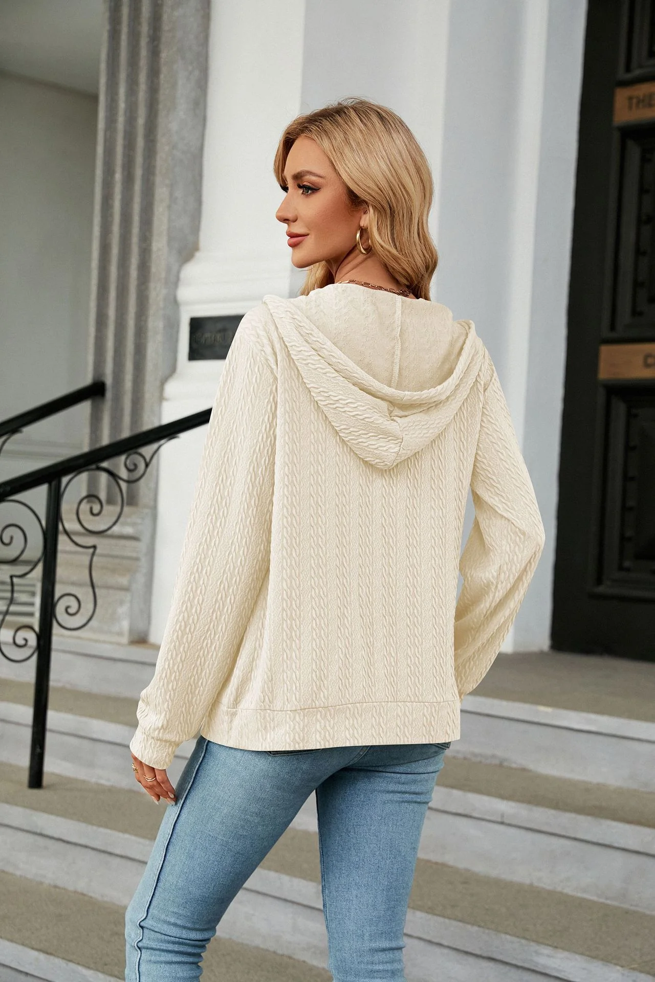 Cream Full Sleeves Front Zip Hooded Jackets - Image 2