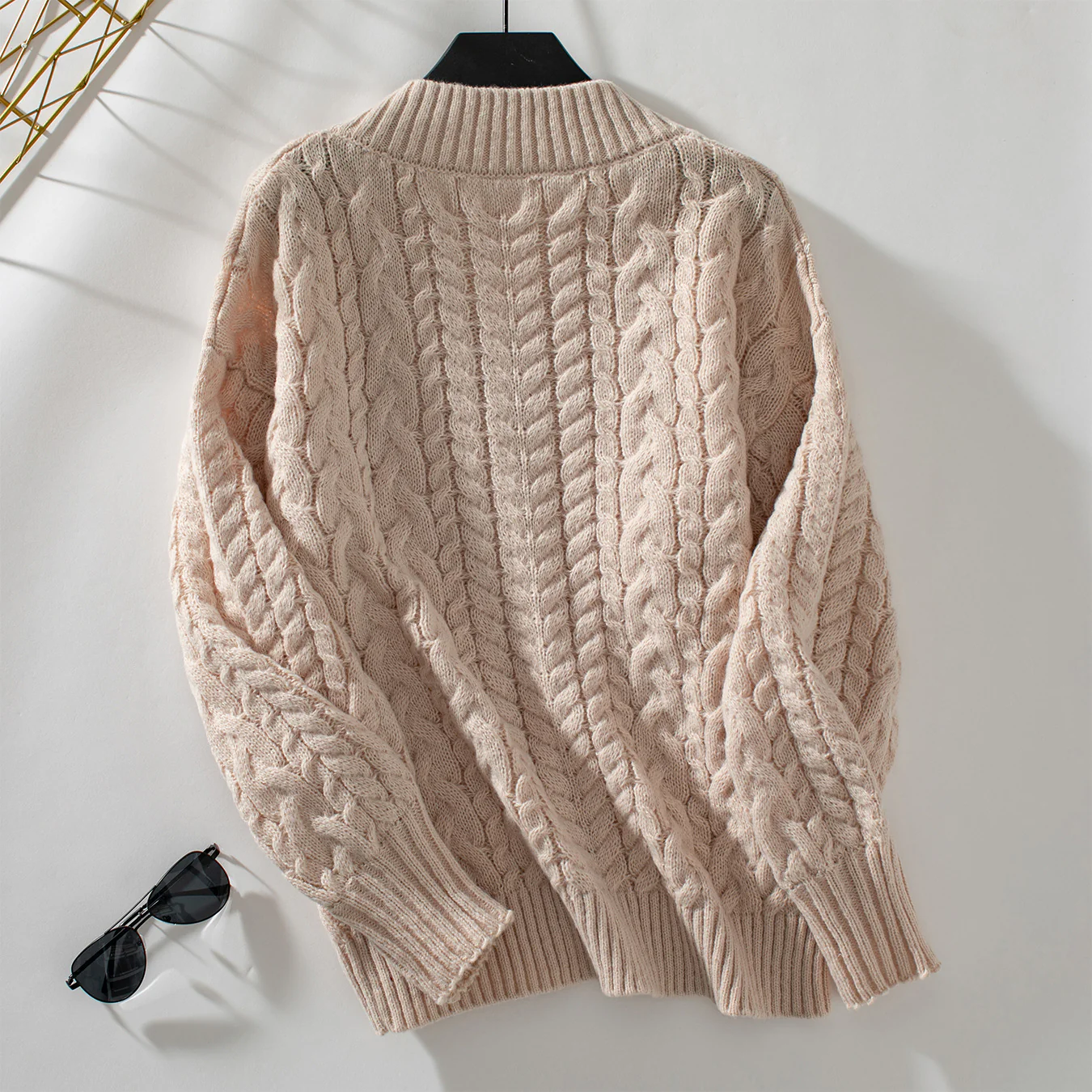 Cream Full Sleeves Solid Textured Sweater - Image 2