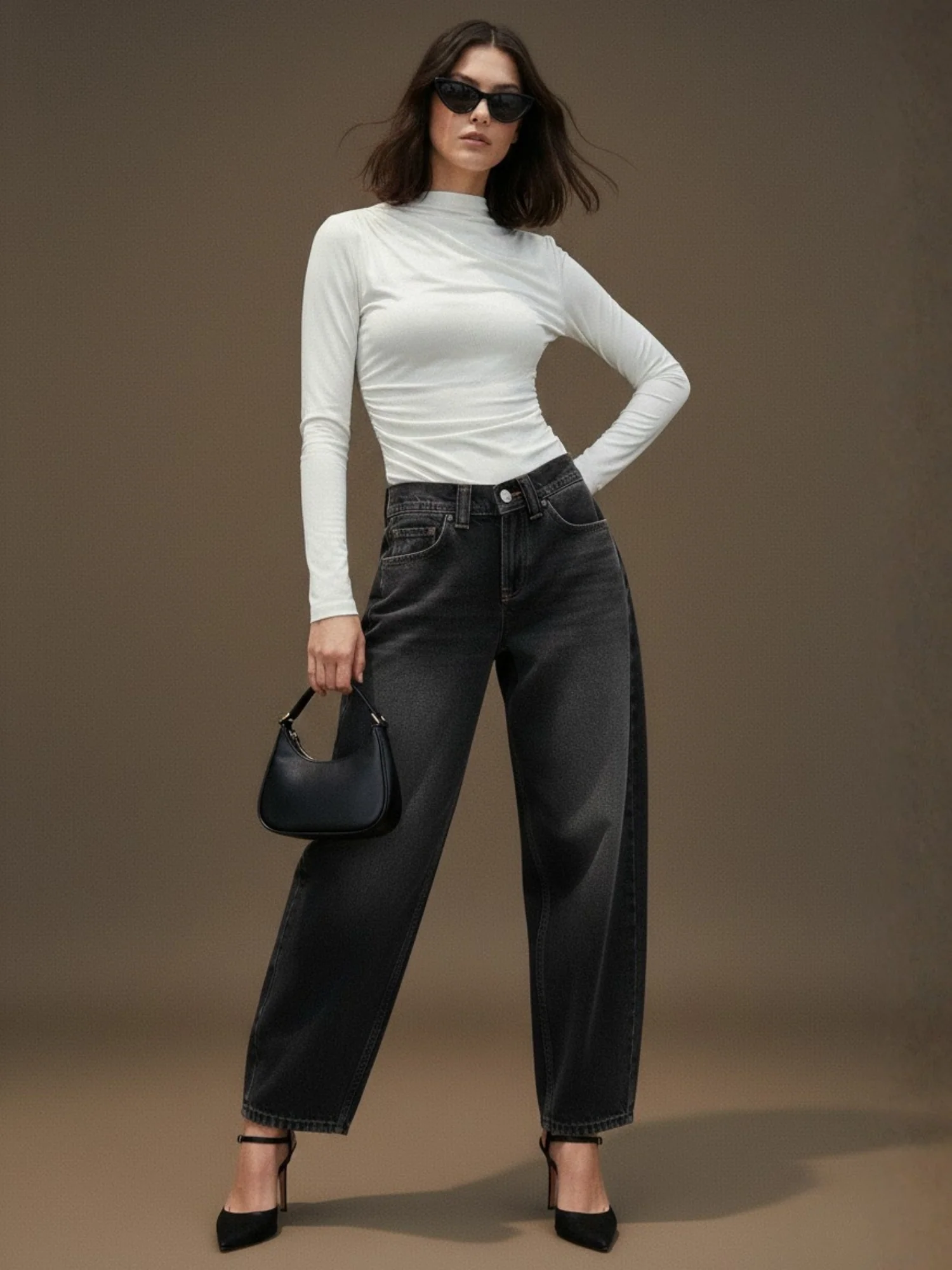 Cream High Neck Side Ruched Top - Image 3