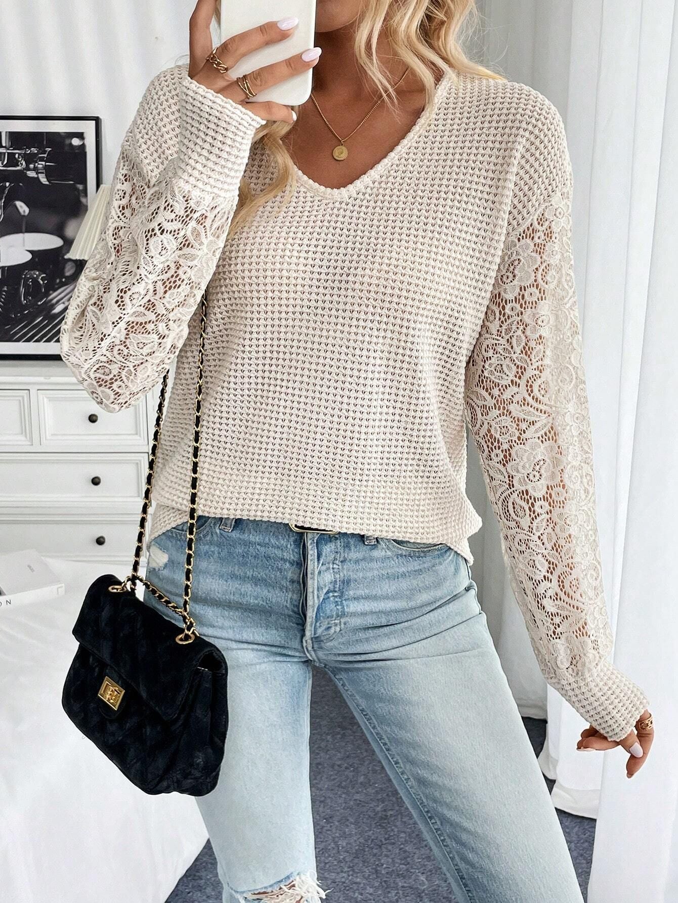 Cream Mesh Sleeve Round Neck Top - Image 3