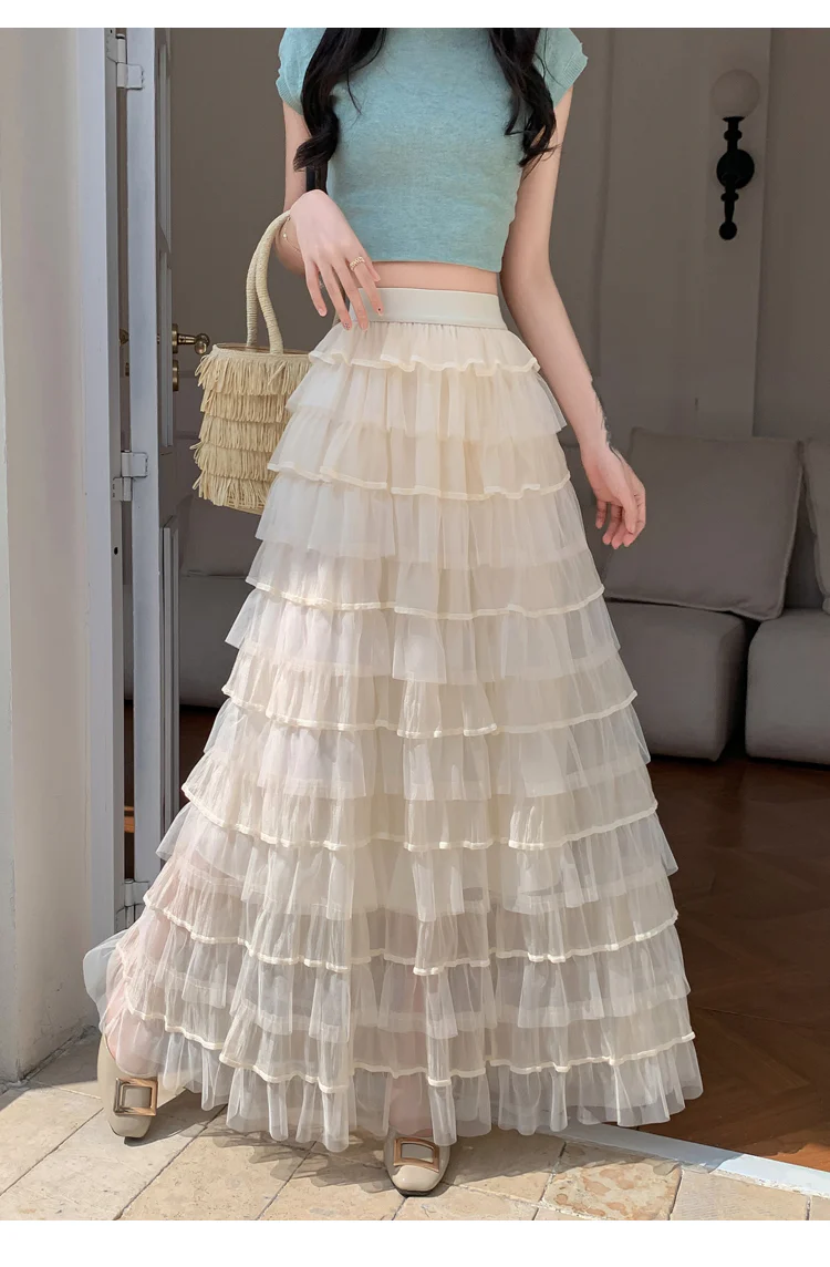 Cream Multi Ruffled Tiered Maxi Skirt - Image 2