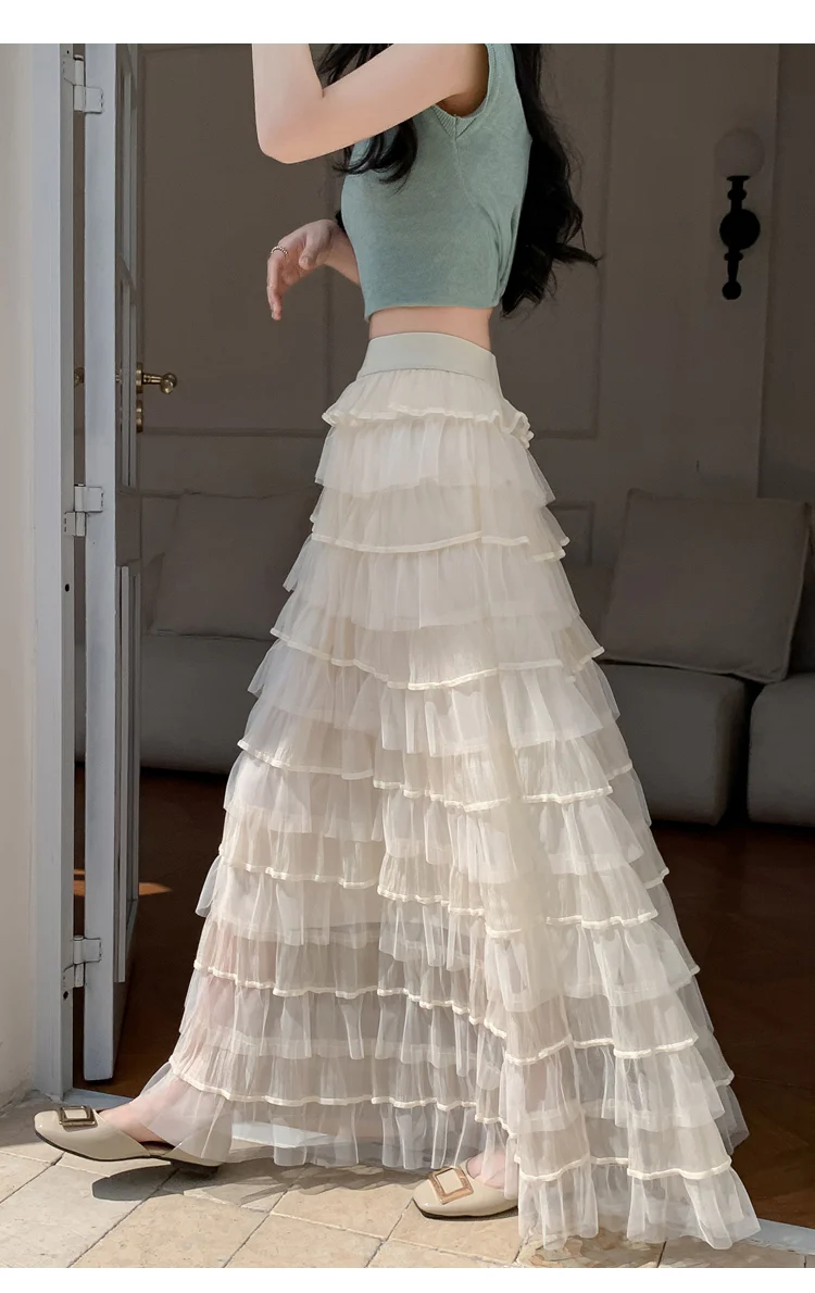 Cream Multi Ruffled Tiered Maxi Skirt - Image 3