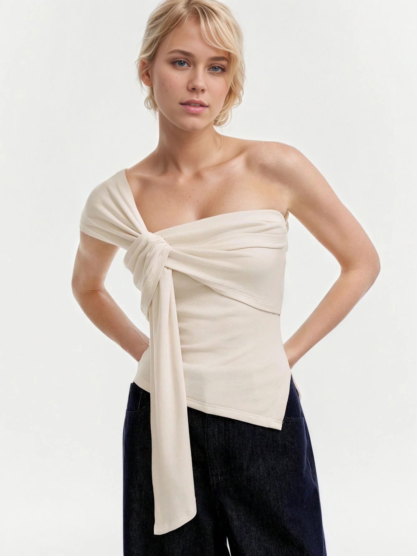 Cream One Shoulder Knot Front Sleeveless Top - Image 3