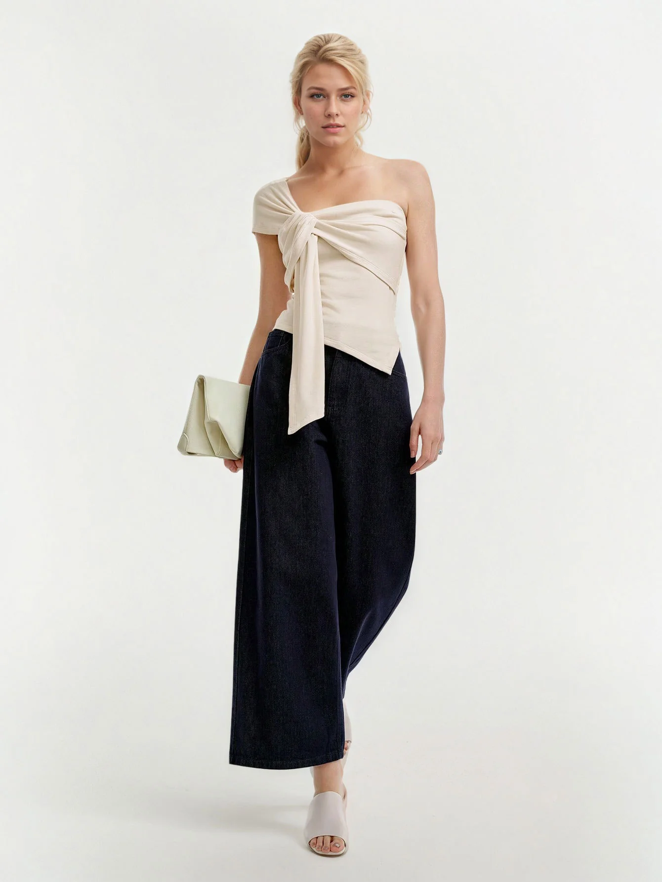 Cream One Shoulder Knot Front Sleeveless Top - Image 4