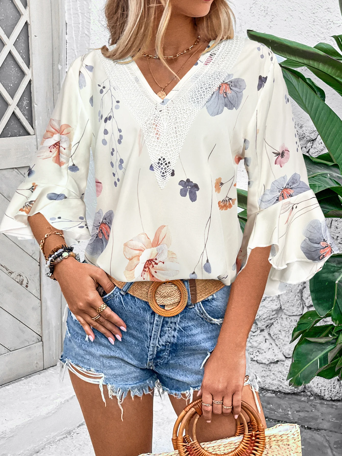 Cream Printed V Neck Top - Image 5