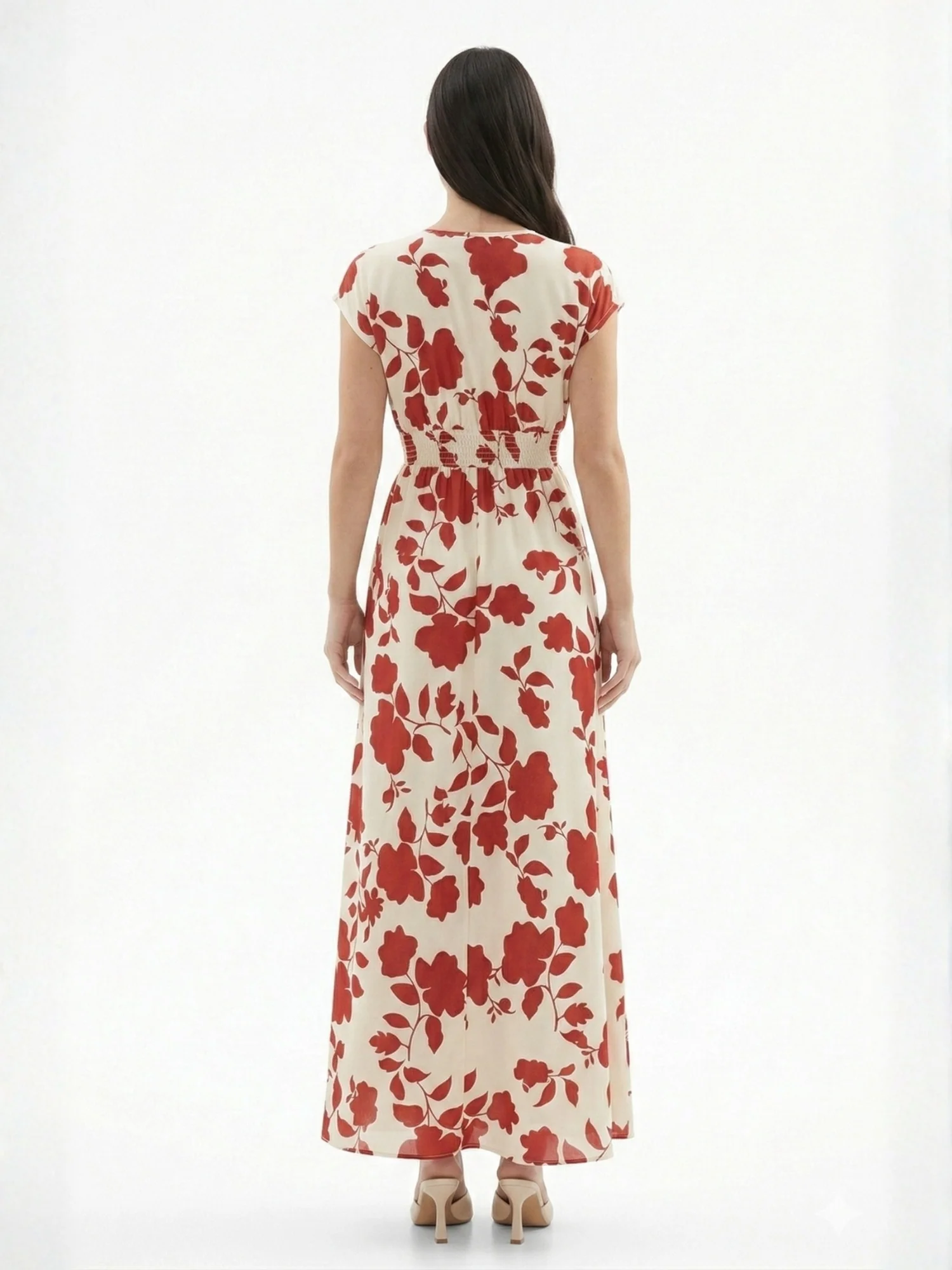 Cream Short Sleeve V Neck Floral Dress - Image 5