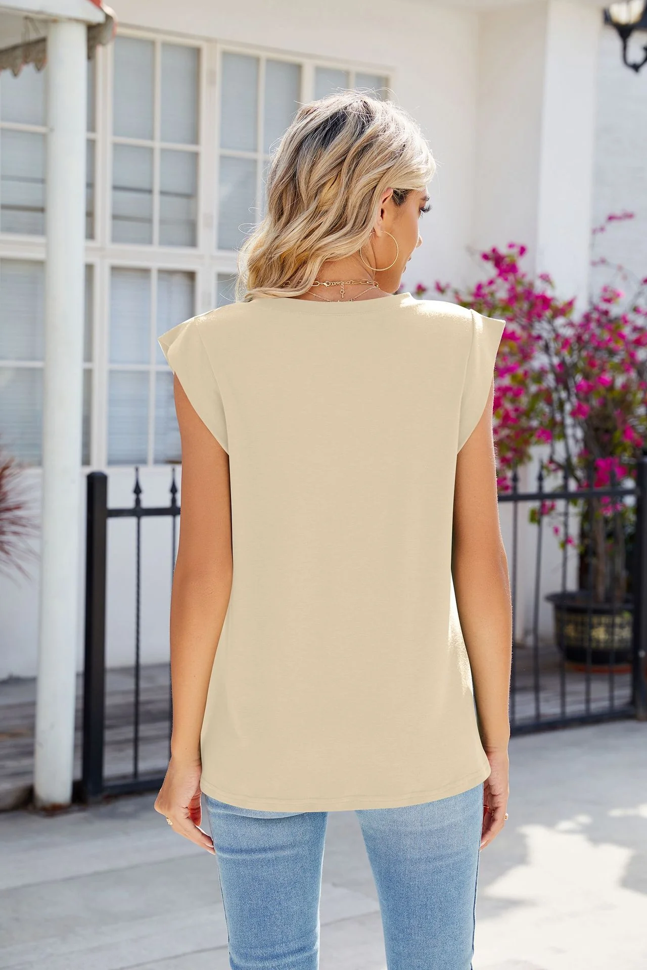 Cream Sleeveless V Neck Top - Image 2