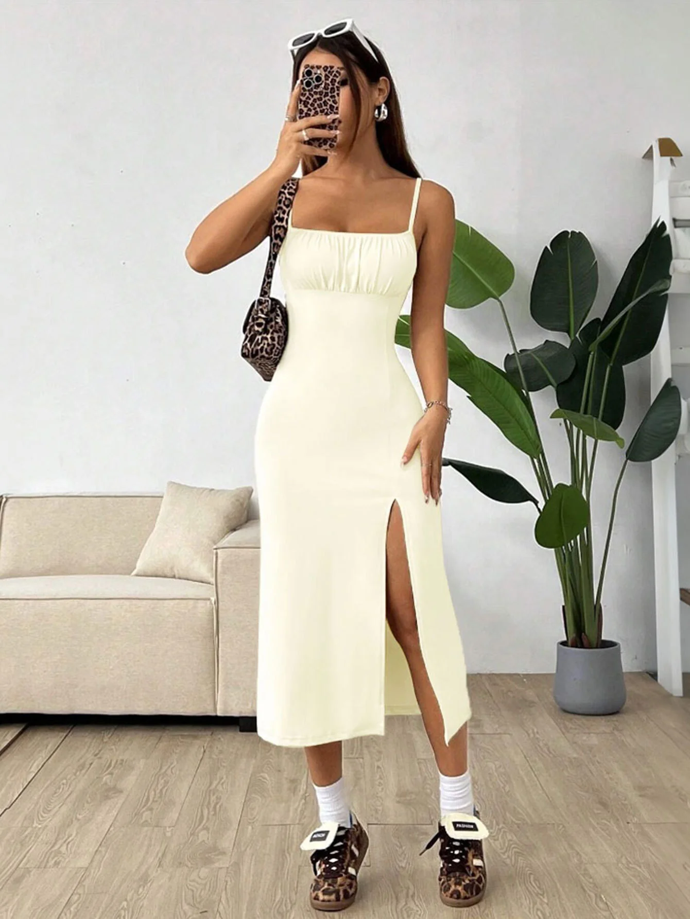 Cream Shoulder Strap Slit Dress - Image 3