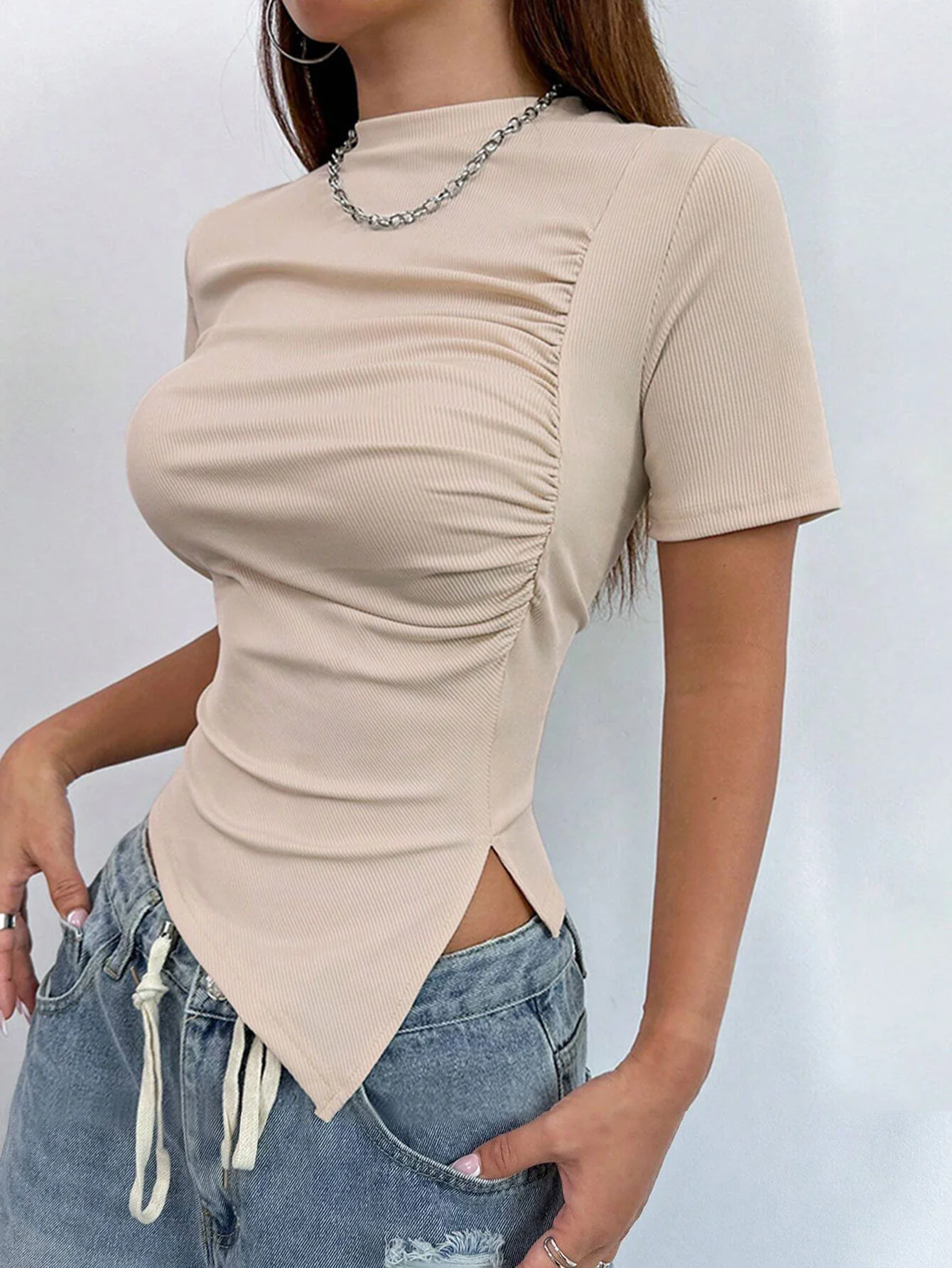 Cream Turtle Neck Side Ruched Top - Image 3