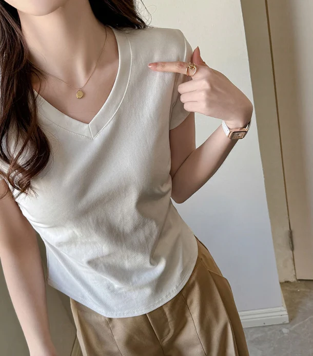 Cream V-Neck Relaxed Fit T-Shirt - Image 2