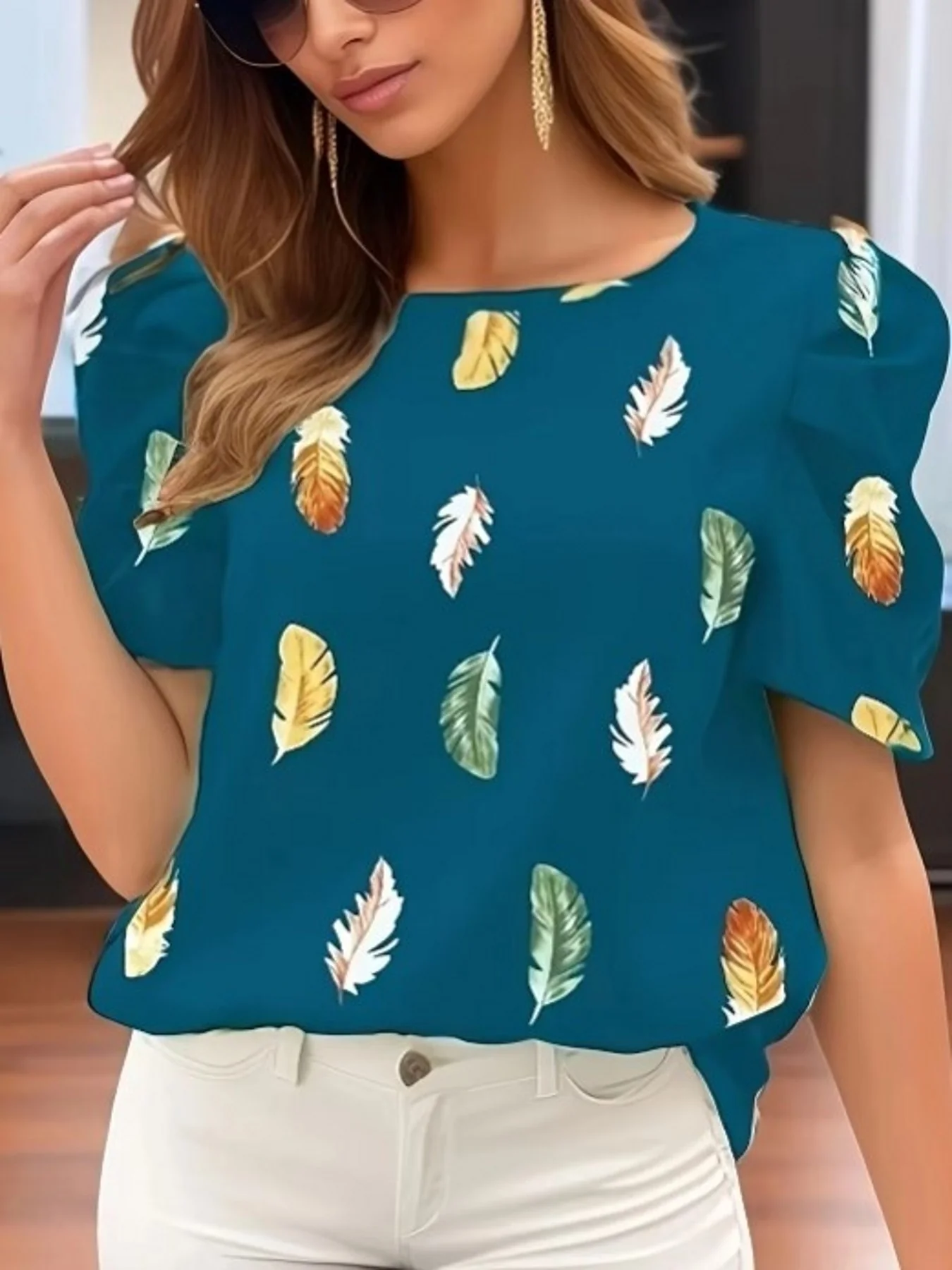 Dark Green Half Puff Sleeves Printed Top - Image 4