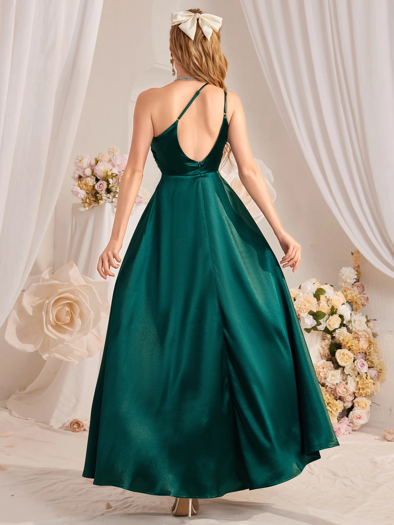 Dark Green One Shoulder Side Slit Dress - Image 2